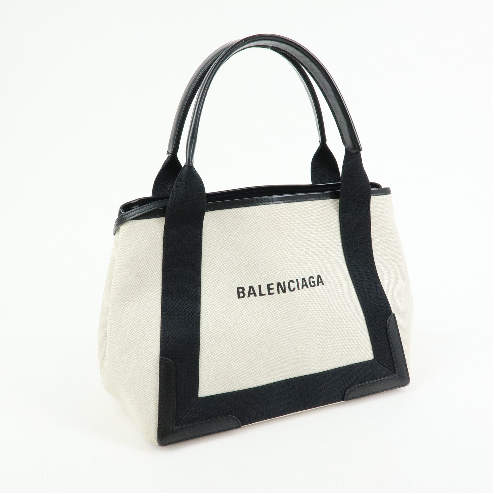 BALENCIAGA Navy Cabas Small Canvas Leather Tote Bag Ivory 339933