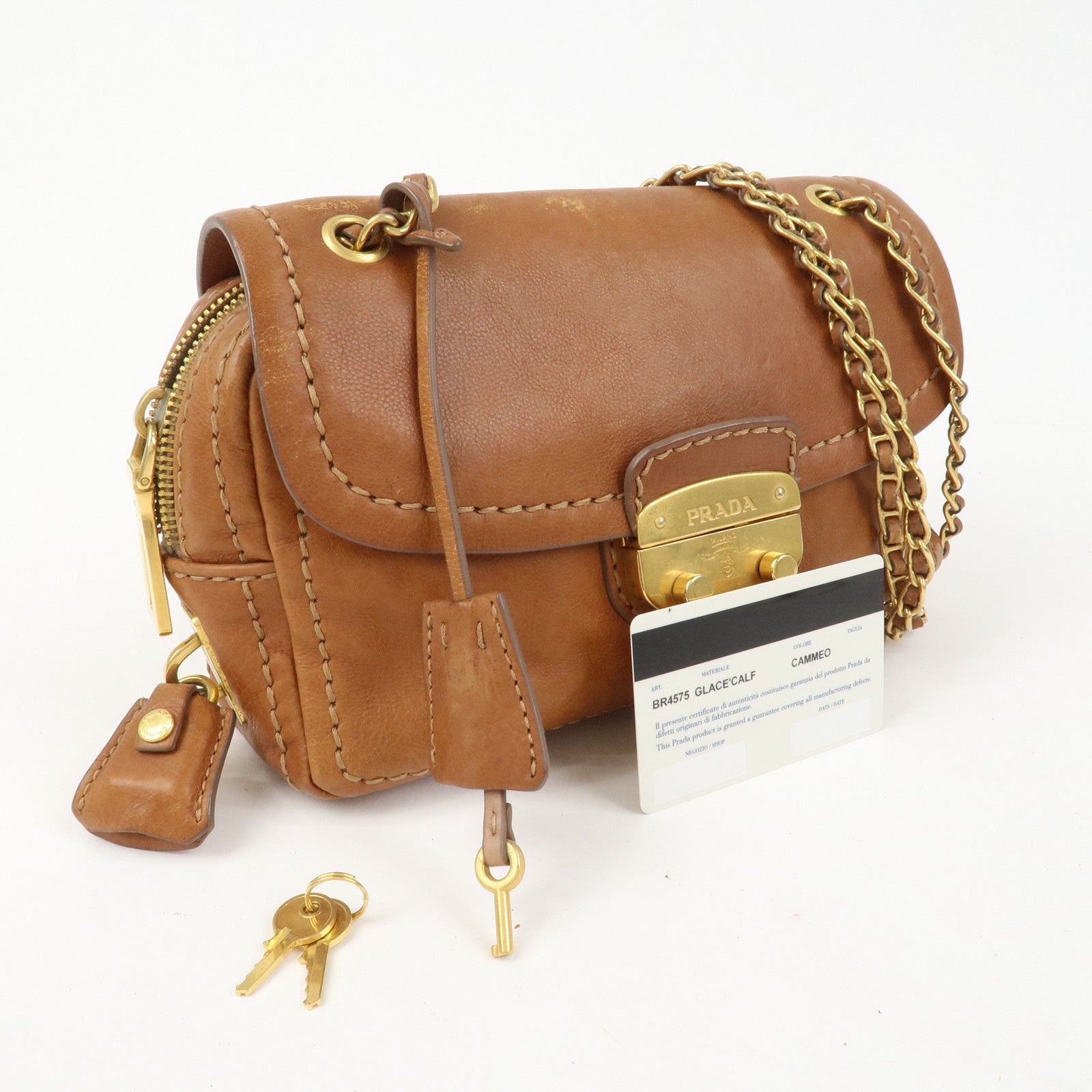 PRADA Logo Leather Chain Shoulder Bag Crossbody Bag Camel
