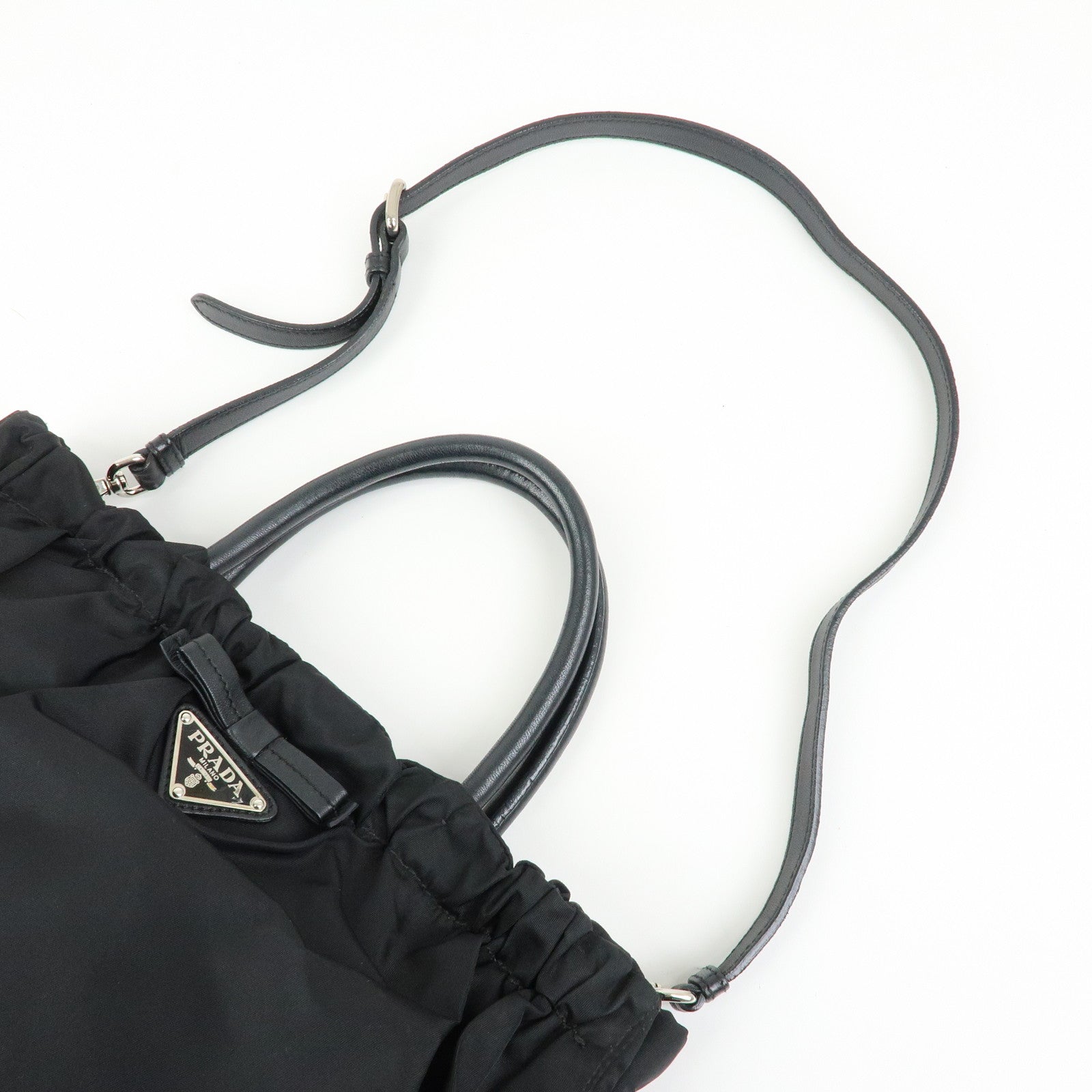 PRADA Triangle Logo Ribbon Nylon Leather 2Way Hand Bag Black BN1631
