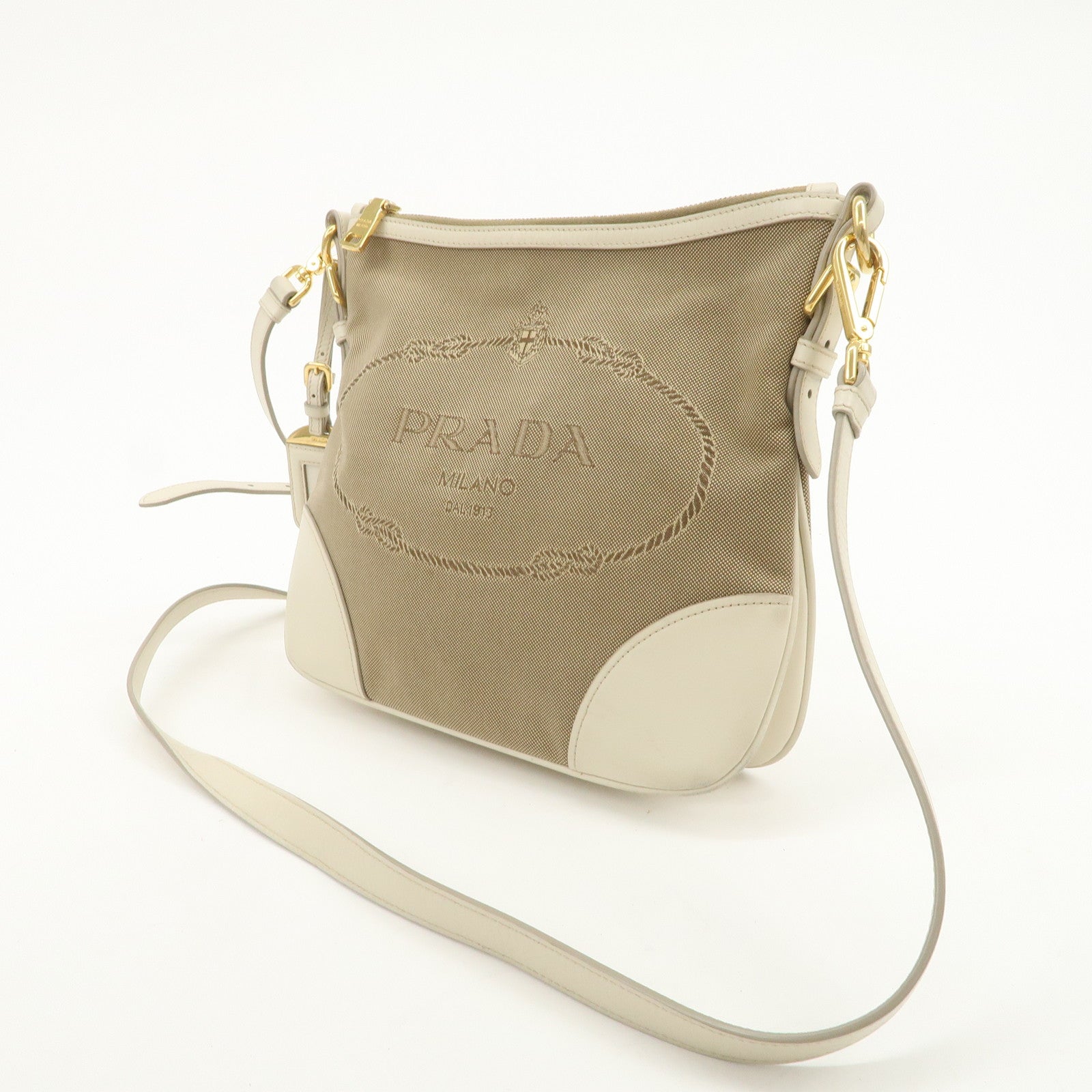 PRADA Logo Jacquard Shoulder Bag Crossbody Bag Beige Ivory BT867A