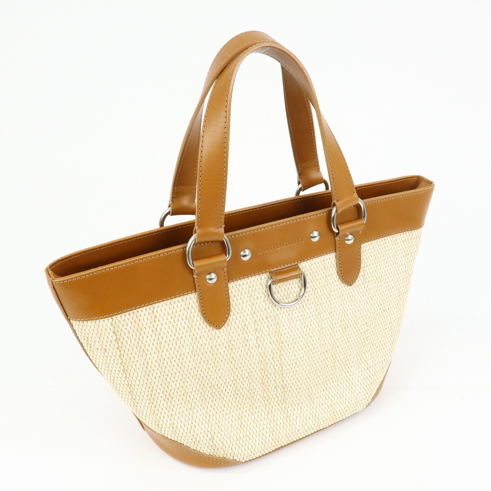 BURBERRY Straw Canvas Leather Tote Bag Shoulder Bag Natural Brown