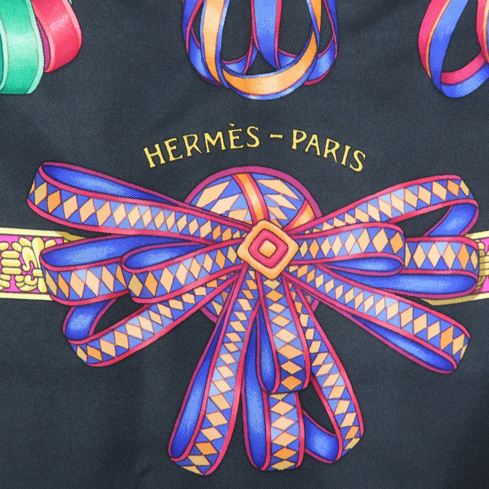 HERMES Carre 90 Silk 100% LES RUBANS DU CHEVAL Scarf Black Yellow