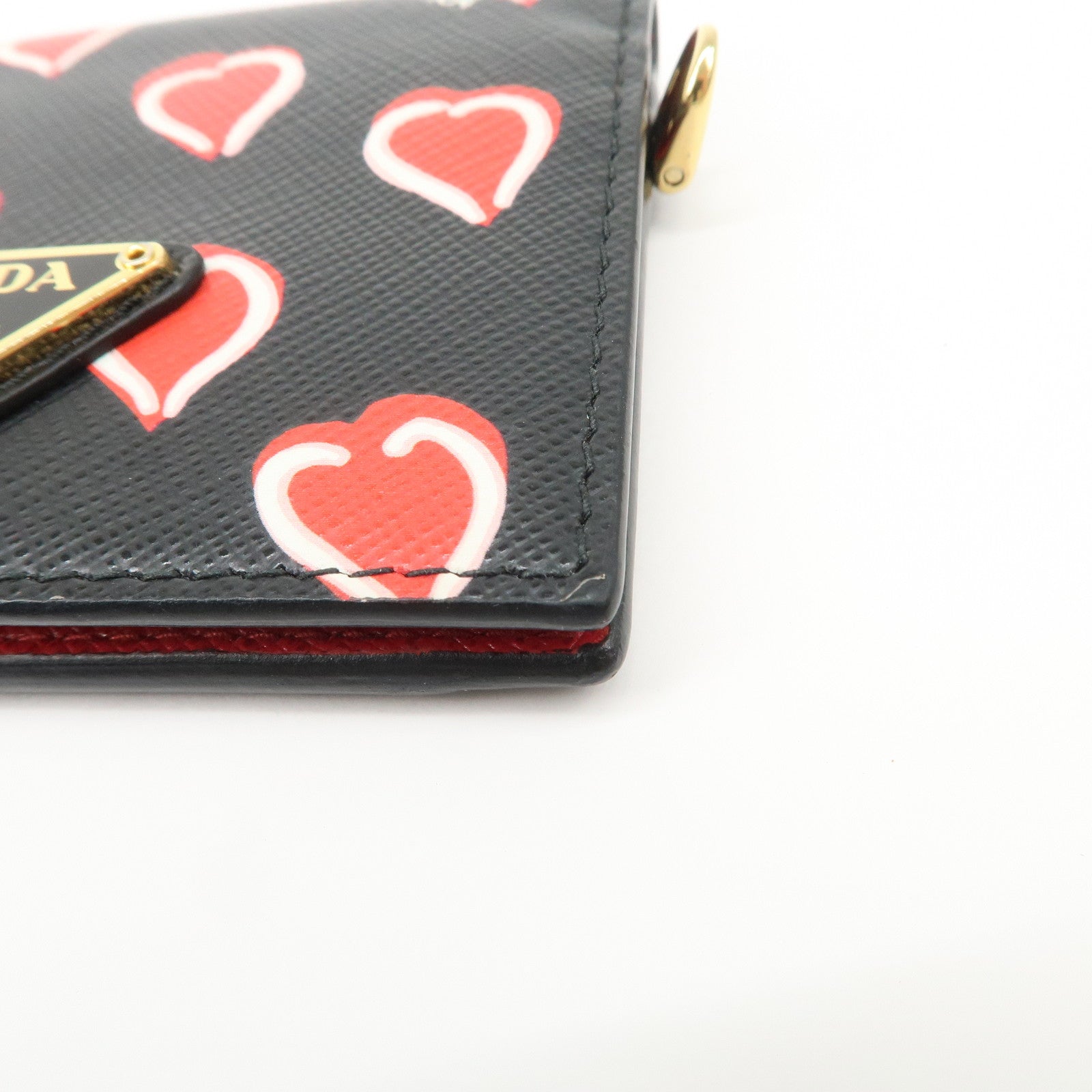 PRADA Saffiano Leather Heart Card Case Pass Case Black Red 1MC006