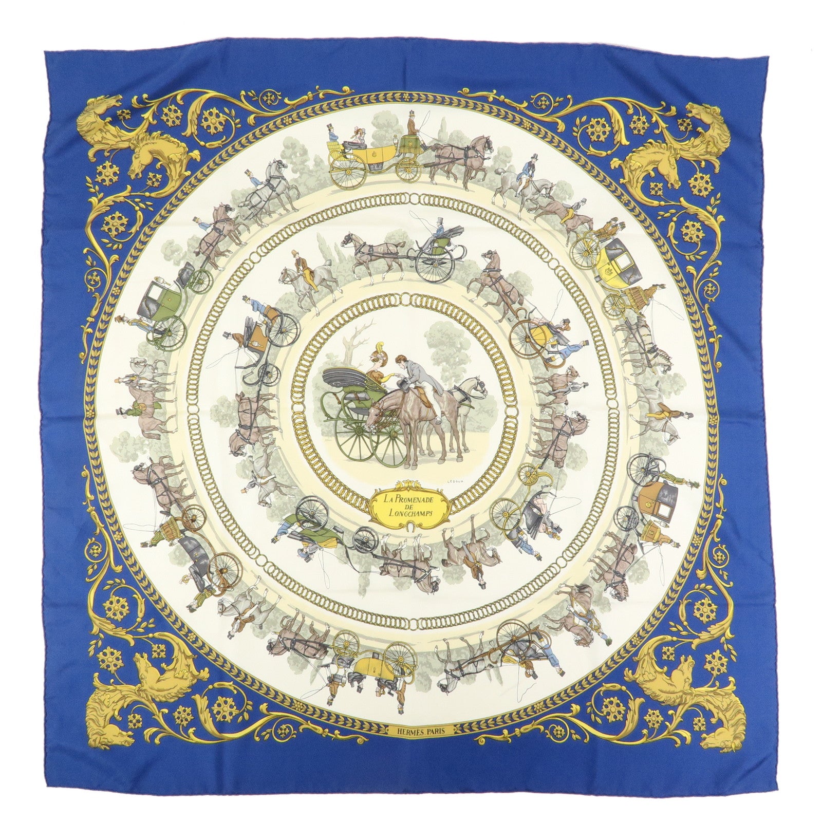HERMES Carre 90 Silk 100% Scarf LA PROMENADE DE LONGCHAMPS Navy