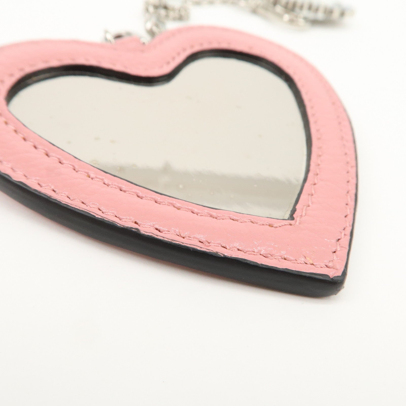 MIU MIU Leather Heart Motif Mirror Bag Charm Key Chain Pink 5TL376