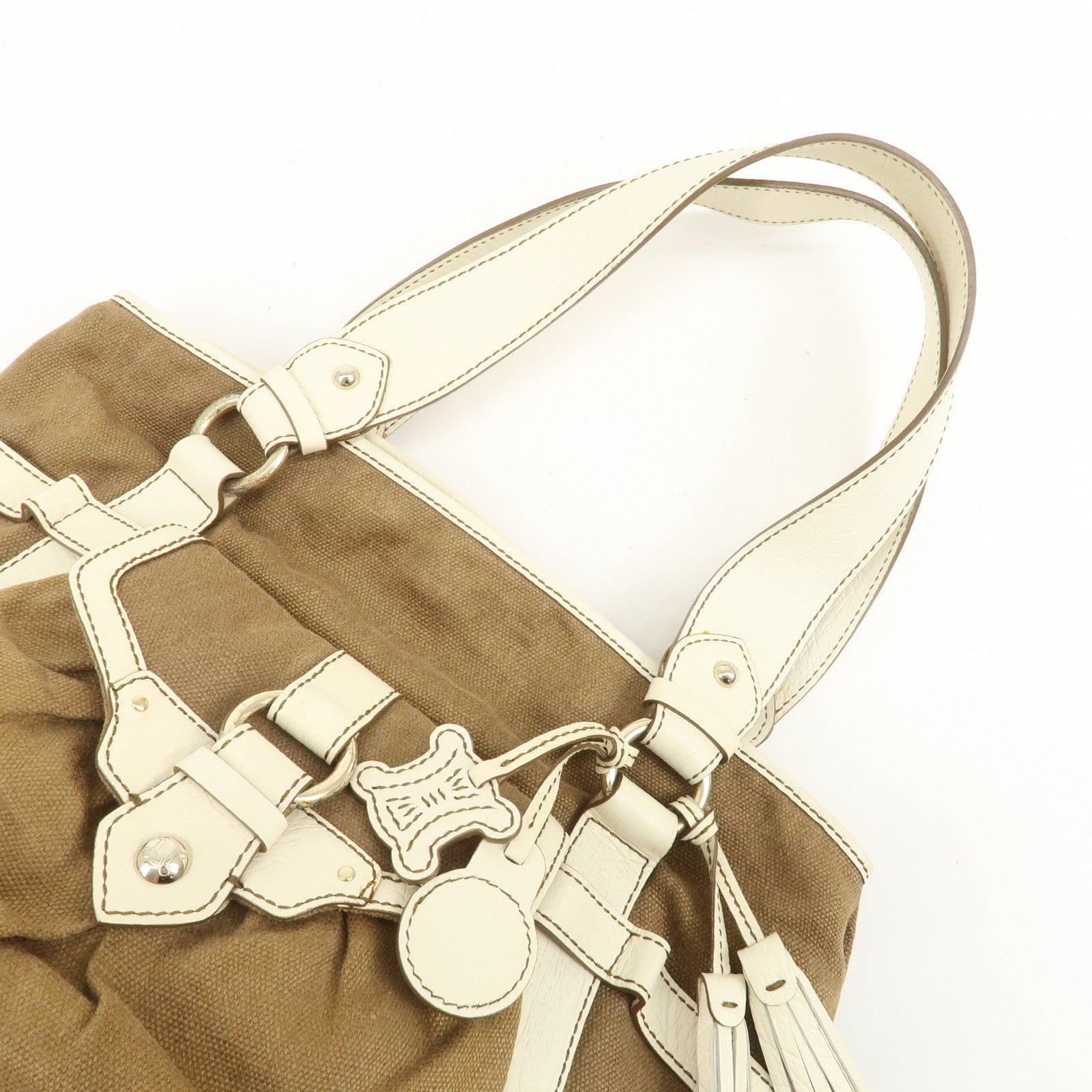 CELINE Logo Canvas Leather Tote Bag Shoulder Bag Brown Ivory