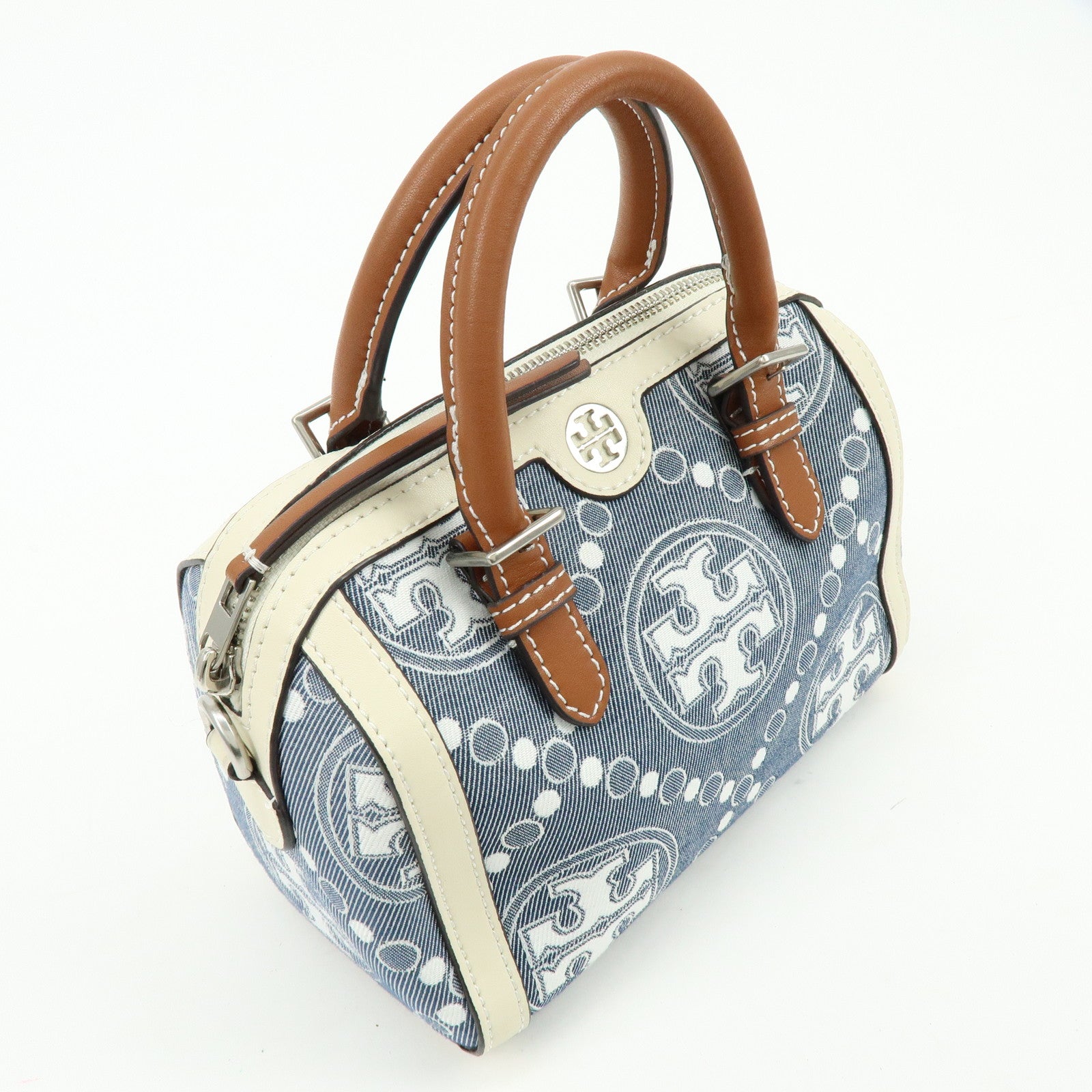 TORY BURCH T Monogram Canvas Leather 2Way Hand Shoulder Bag Blue