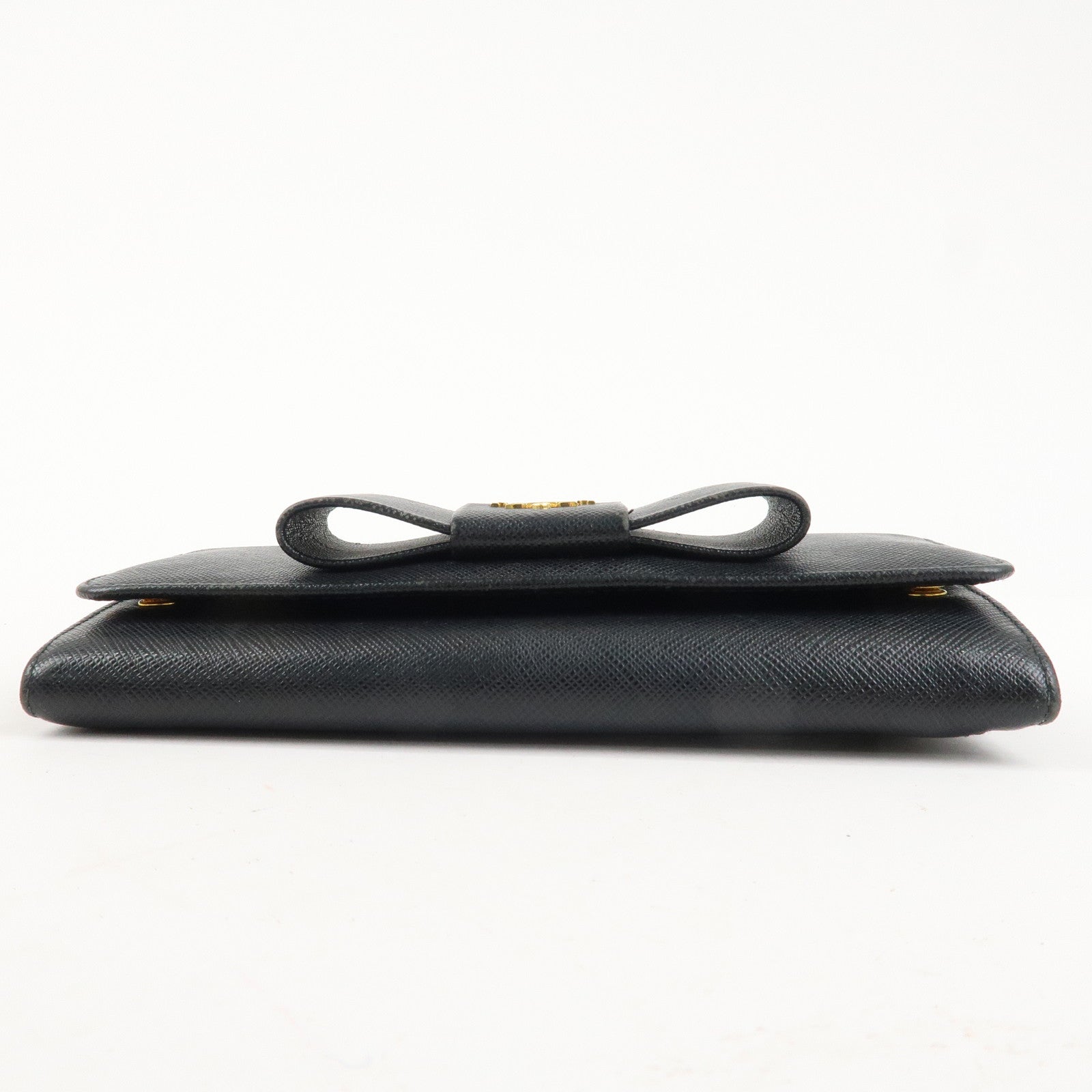 PRADA Saffiano Leather Flap Bi-Fold Long Wallet Black Gold 1MH132 Used