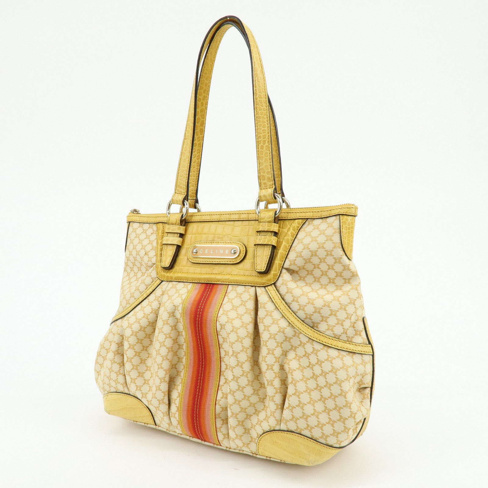 CELINE Macadam Embossed Leather Tote Bag Shoulder Bag Yellow Beige