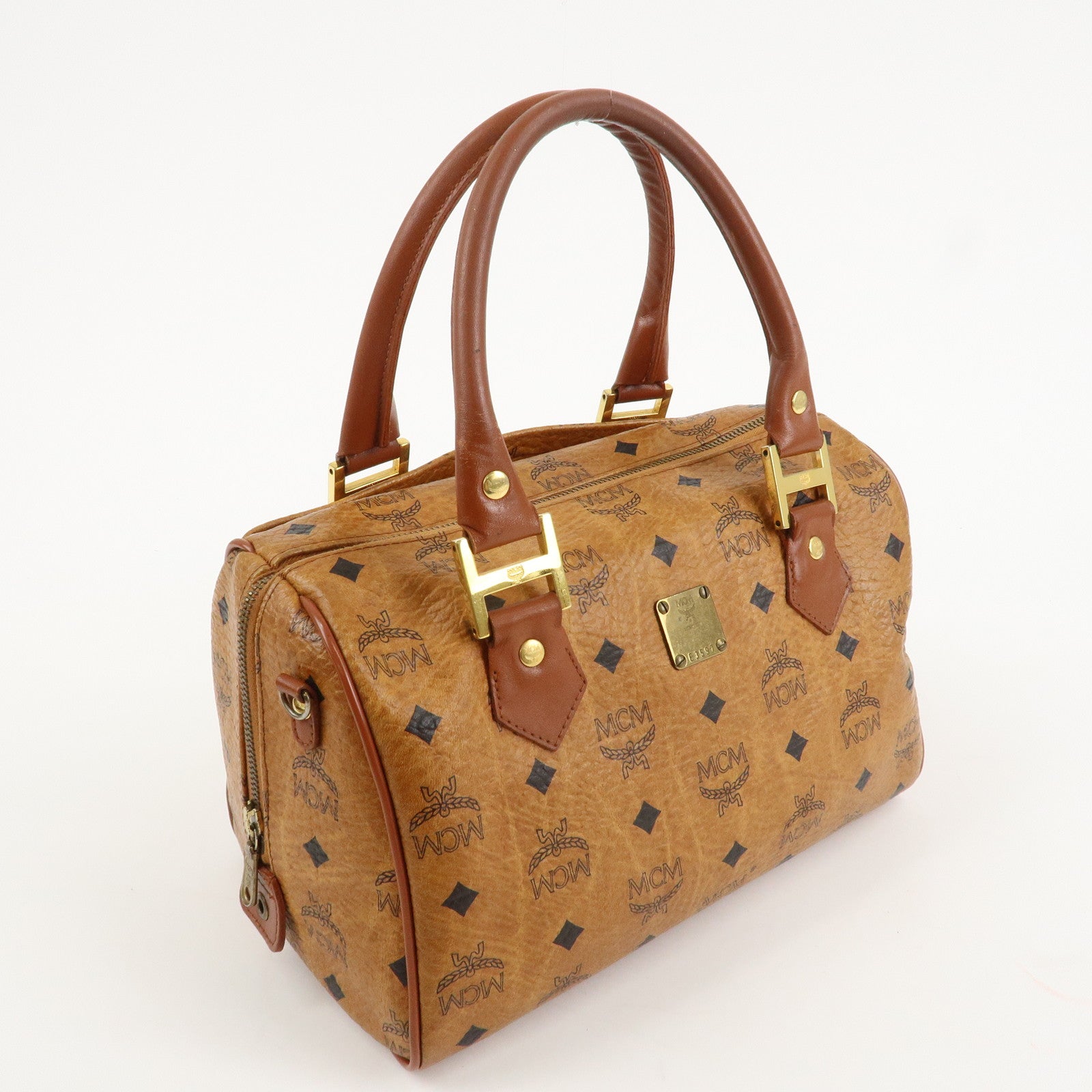 MCM Visetos Leather Boston Bag Hand Bag Brown Gold Hardware Used