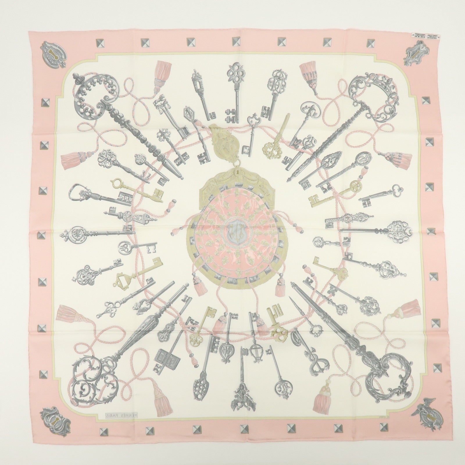 HERMES Carre 90 Silk 100% Scarf LES CLES THE KEYS RARE Light Pink