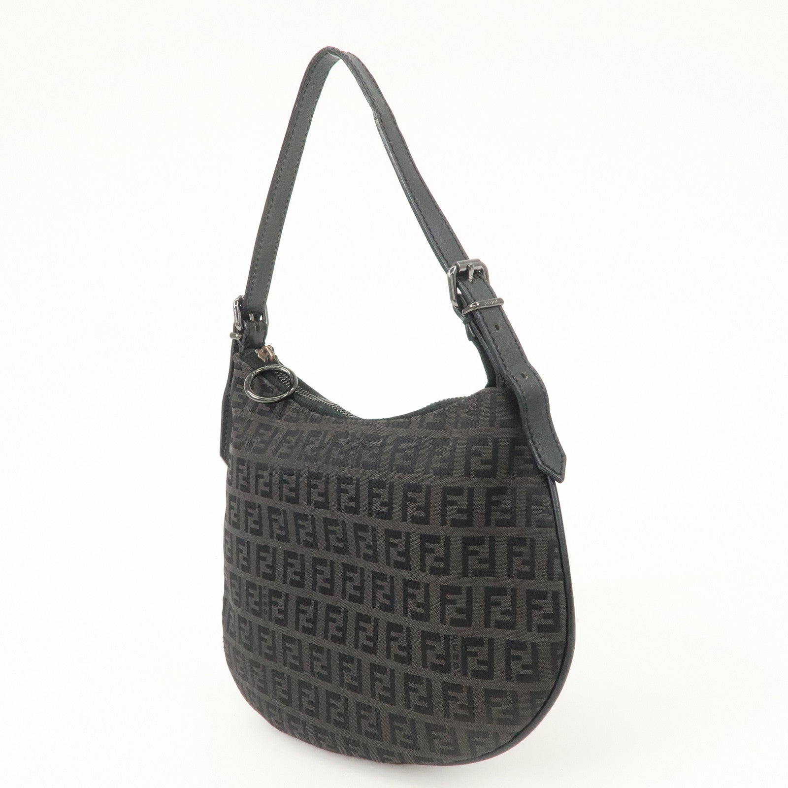 FENDI Zucchino Canvas Leather Shoulder Bag Hand Bag Black 8BR248