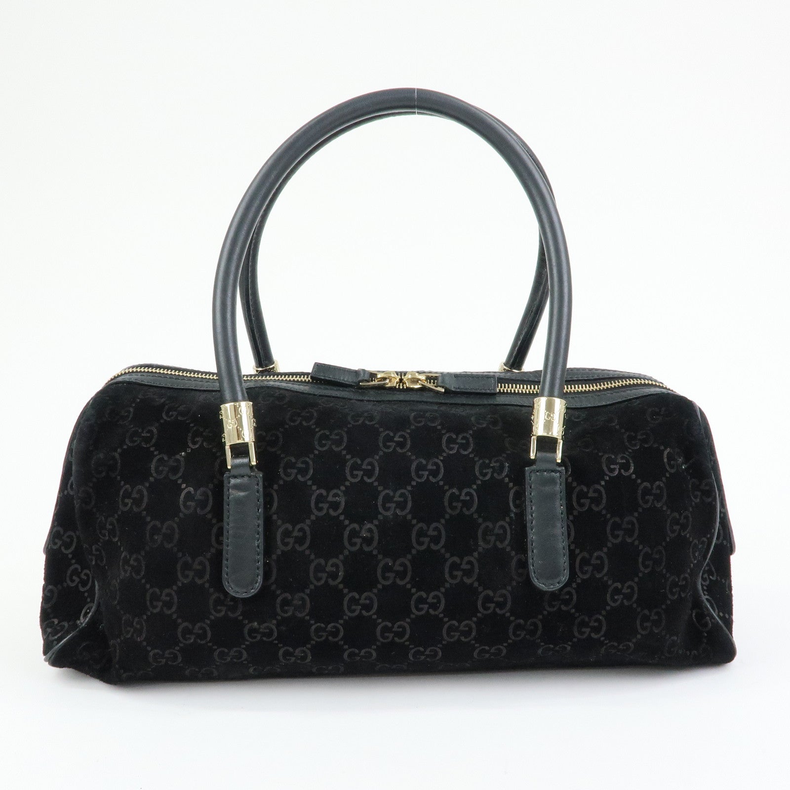 GUCCI GG Suede Leather Boston Bag Hand Bag Black Bordeaux 162739