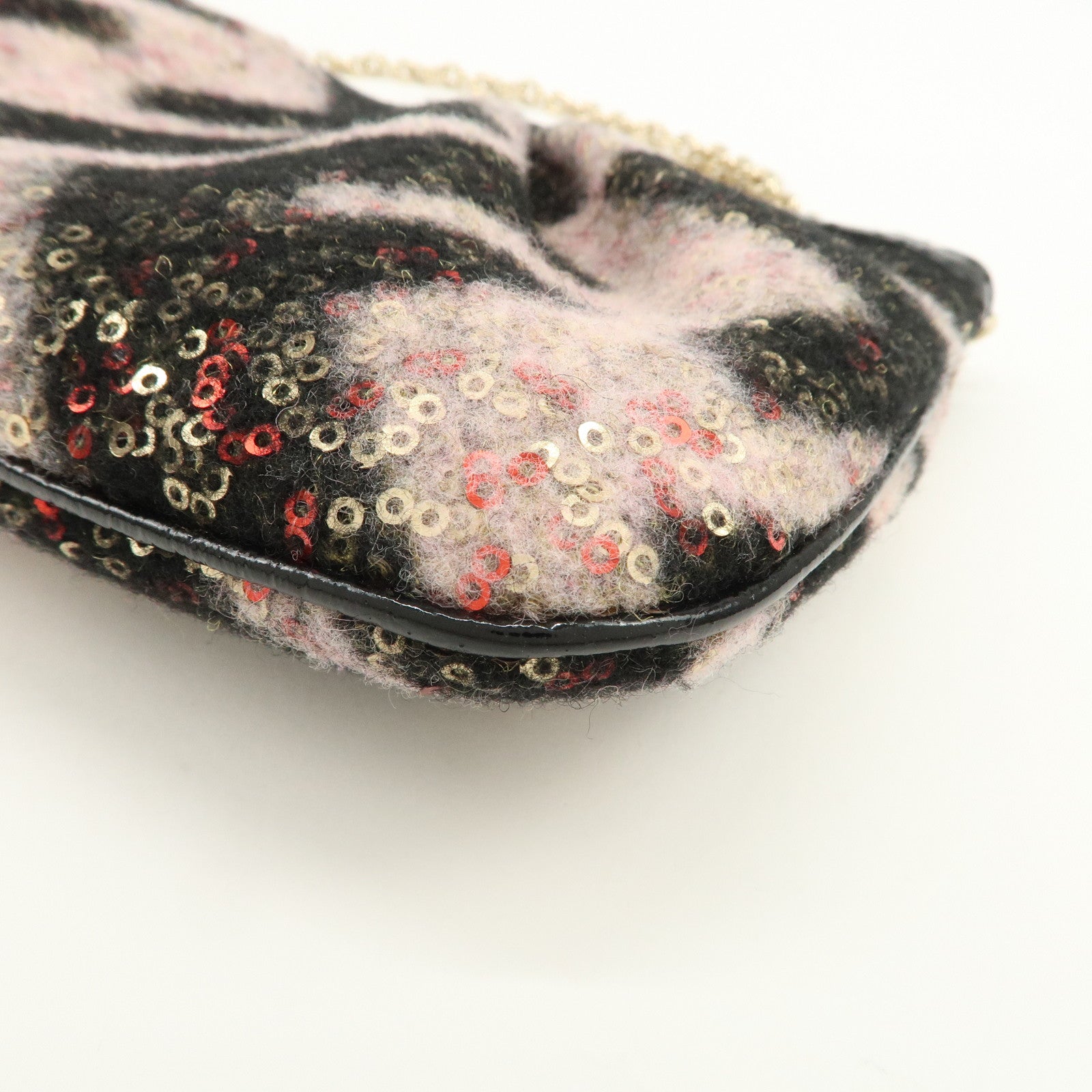 FENDI Wool Flip Sequin Leather Chain Bag Pouch Black Pink 8BR594