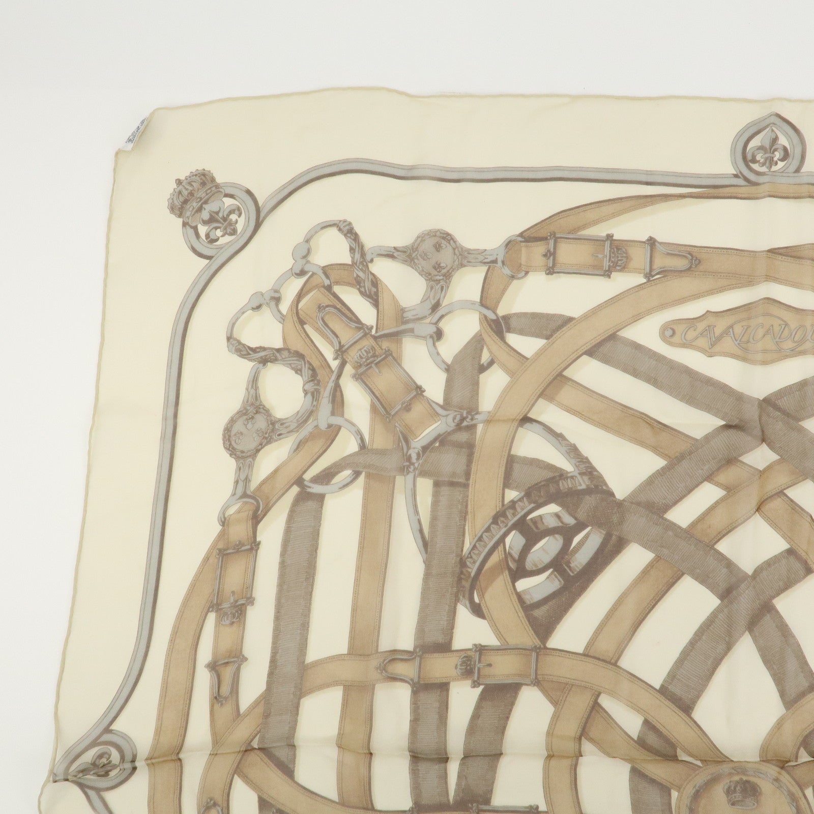 HERMES Carre 90 Silk 100% Scarf CAVALCADOUR Ivory Brown
