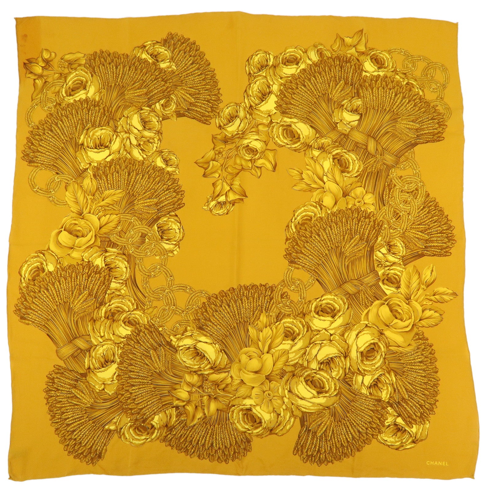 CHANEL Silk 100% Scarf Flower Motif Gold