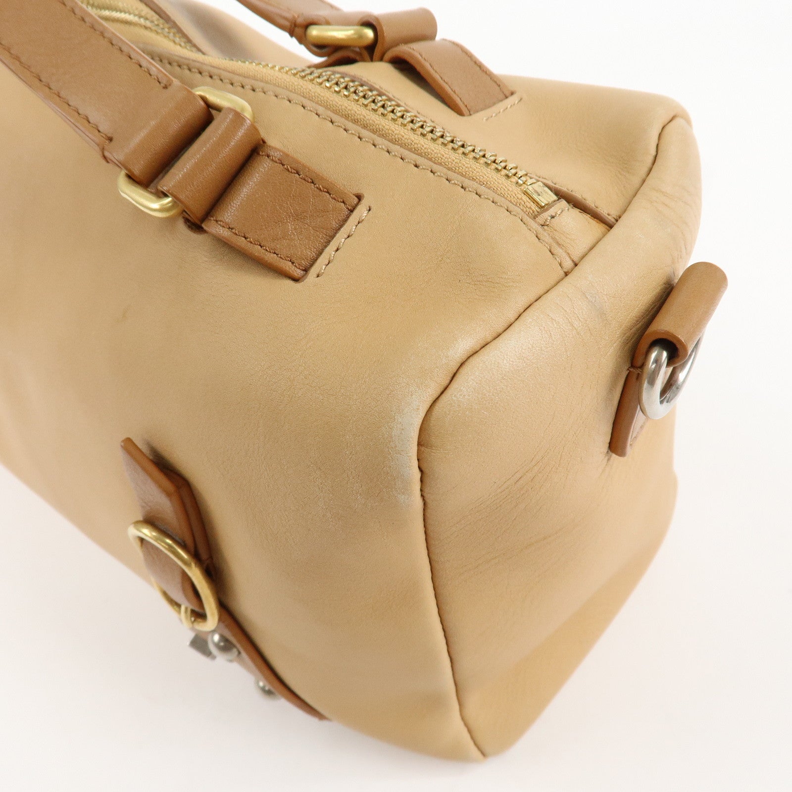 CELINE Leather 2Way Boston Bag Shoulder Bag Beige Brown Used