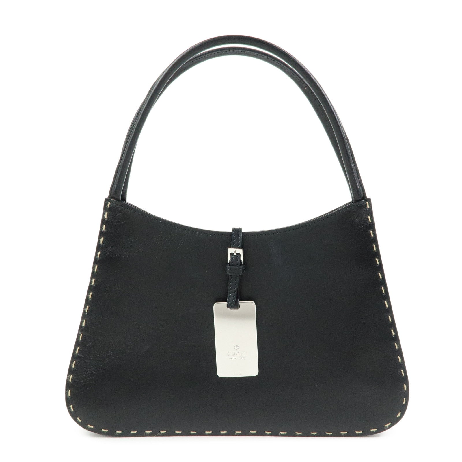 GUCCI Logo Plate Leather Hand Shoulder Bag Black 001・4279・204990