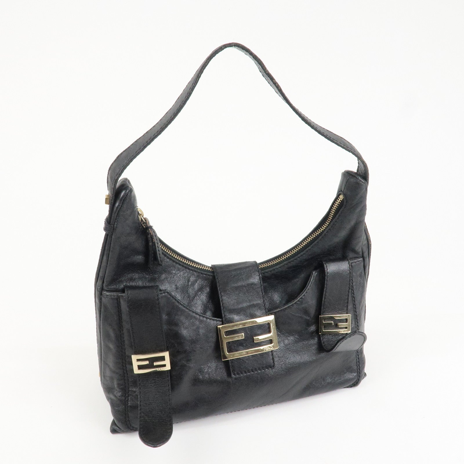 FENDI Leather Shoulder Bag Hand Bag Black 8BR522 Used