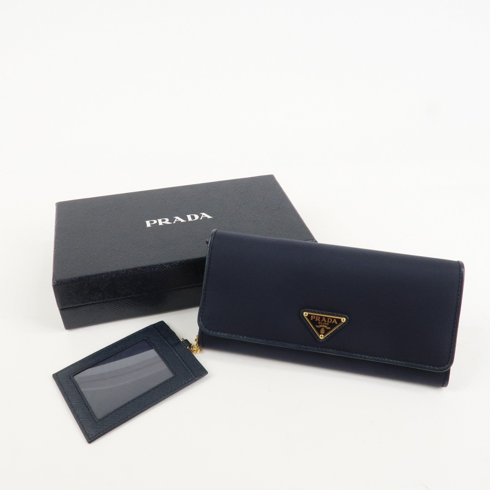 PRADA Triangle Logo Nylon Leather Bi-fold Long Wallet Navy 1MH132 Used