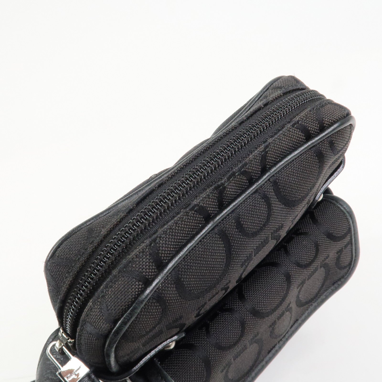 Ferragamo Gancini Logo Canvas Leather Crossbody Shoulder Bag Black