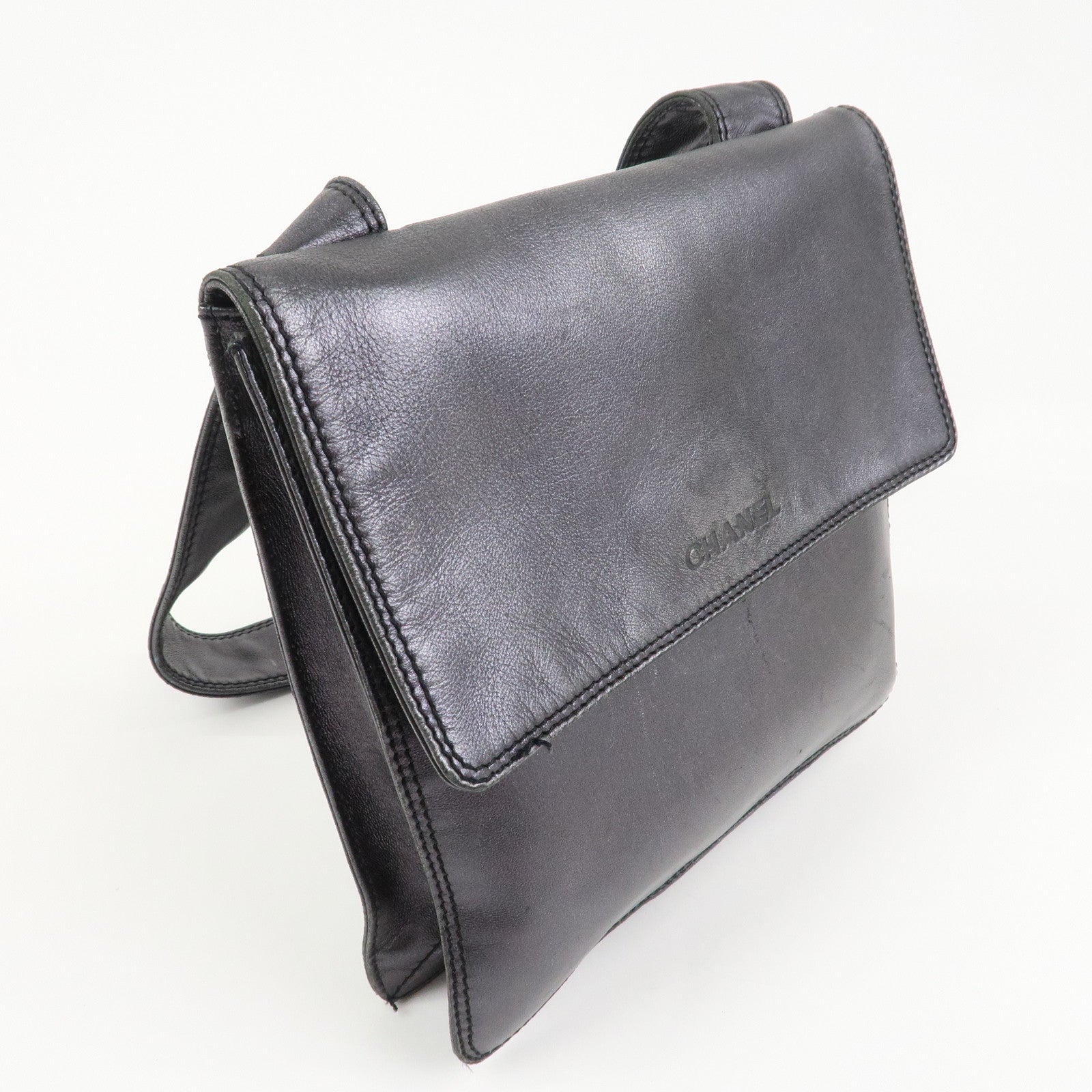 CHANEL Leather Shoulder Bag Crossbody Bag Metallic Gray