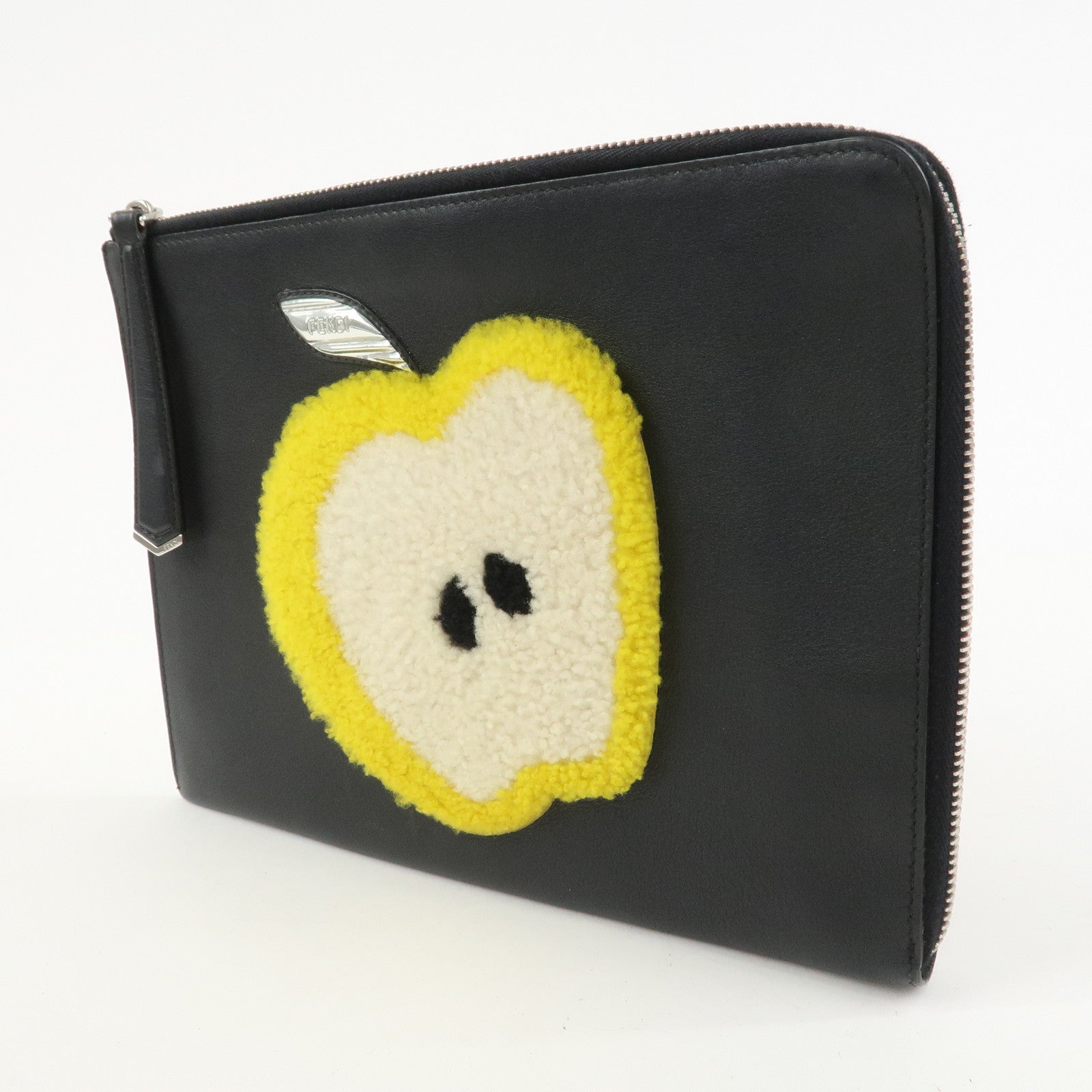 FENDI Leather Wool Apple Motif Clutch Bag Pouch Black 8M0363