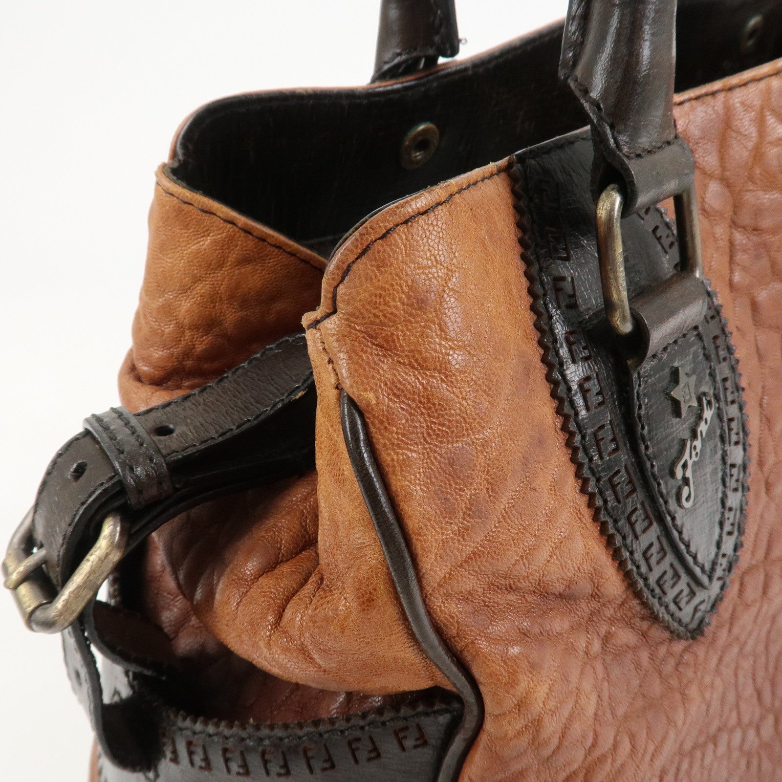 FENDI Etonico Logo Leather Tote Bag Shoulder Brown 8BN162
