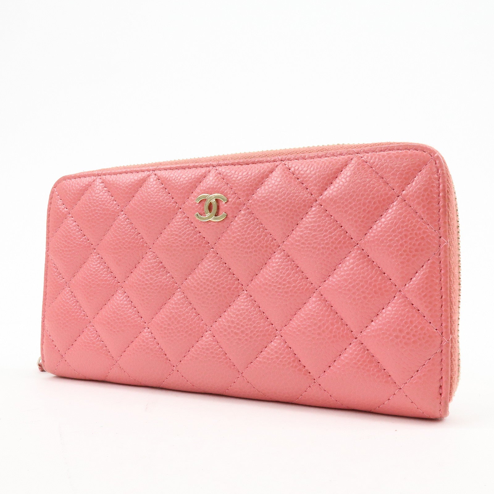 CHANEL Matelasse Caviarskin Round Zippy Long Wallet Pink A82281