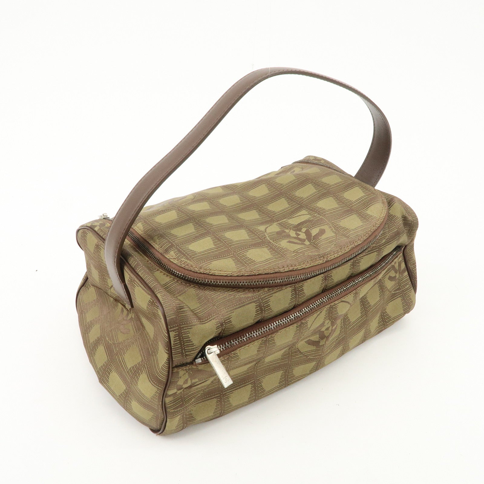 CCHANEL New Travel Line Nylon Jacquard Leather Vanity Bag Khaki A15829 Used