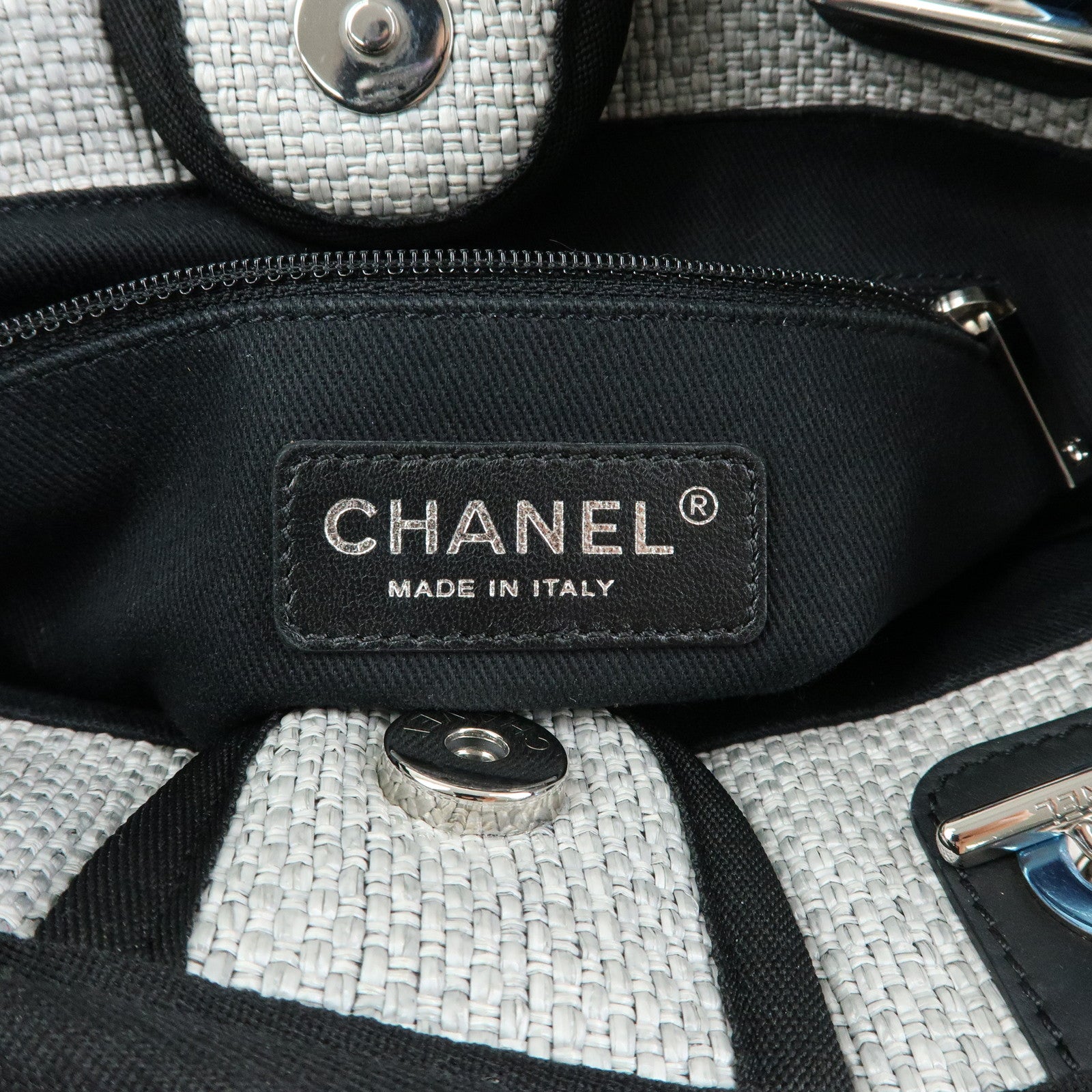 CHANEL Deauville PM Raffia Calf Leather Chain Tote Bag Black A66939