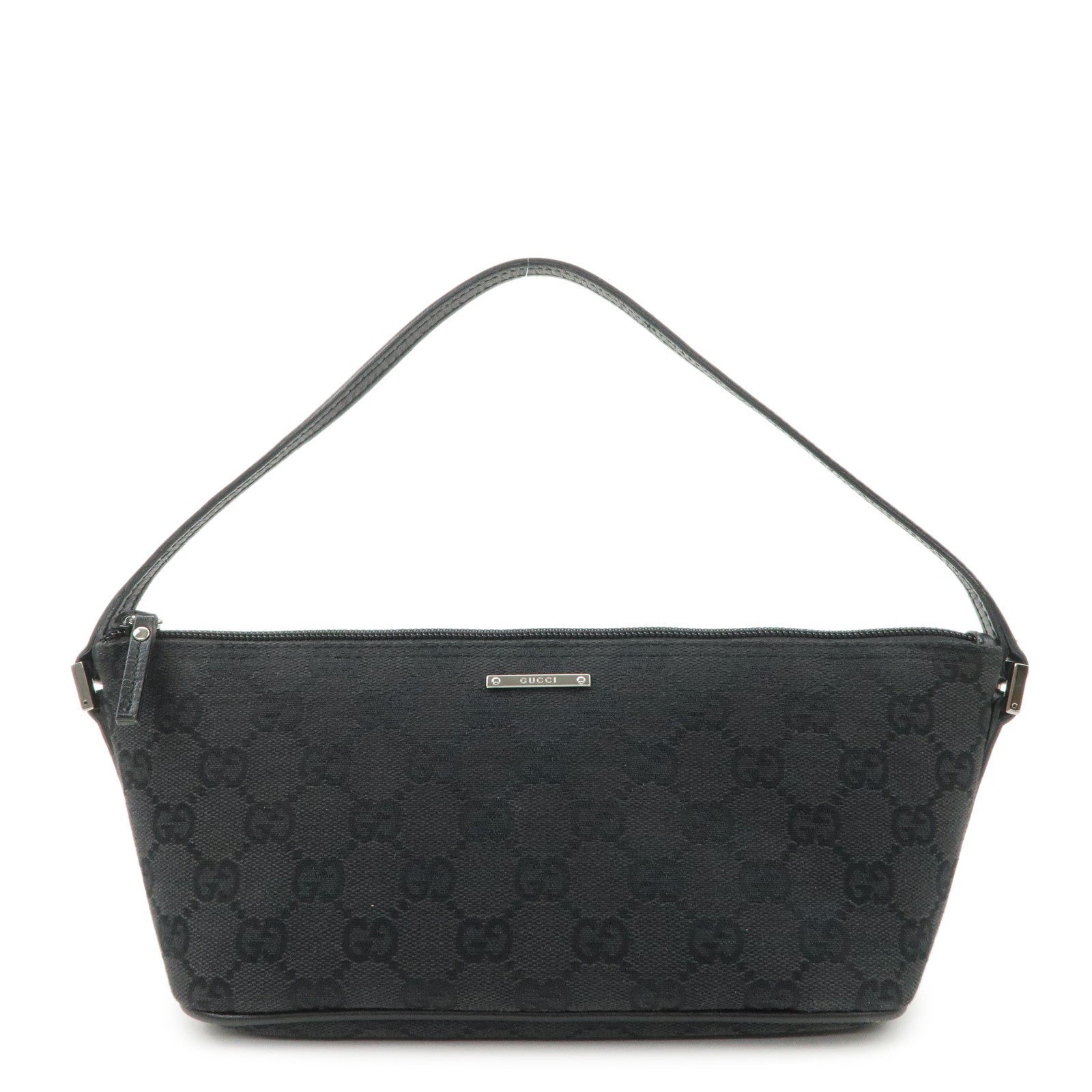 GUCCI Boat Bag GG Canvas Leather Hand Bag Pouch Black 07198