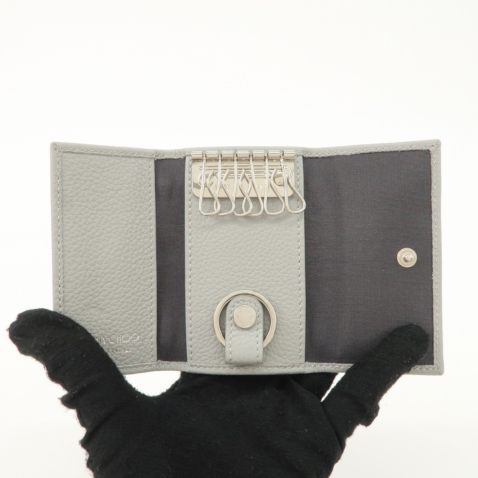 JIMMY CHOO Neptune Leather Studs Key Case Gray Silver Gold 101953 Used