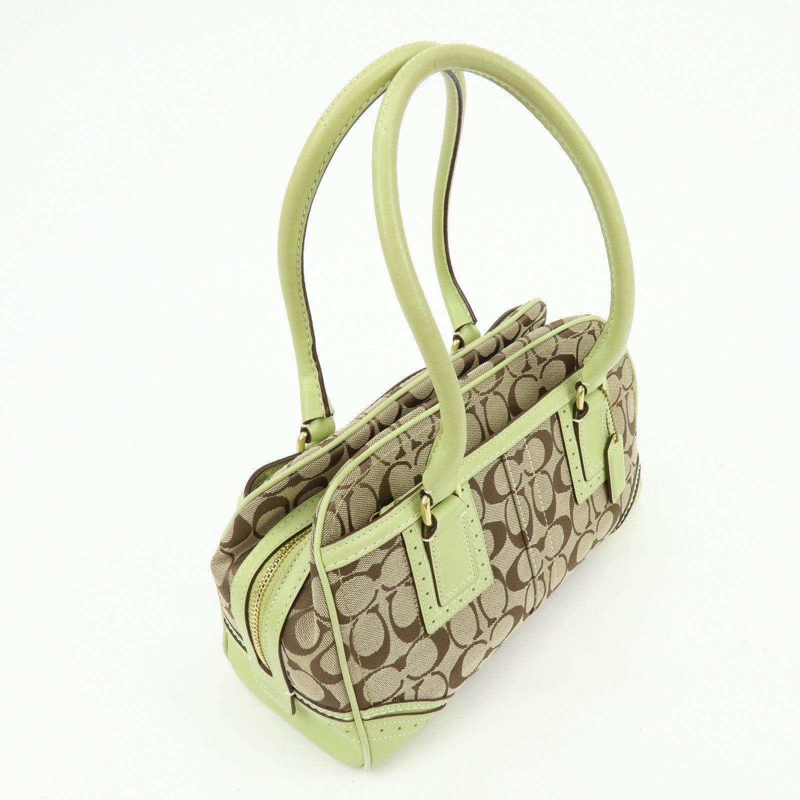 COACH Signature Canvas Leather Boston Hand Bag Light Brown Green