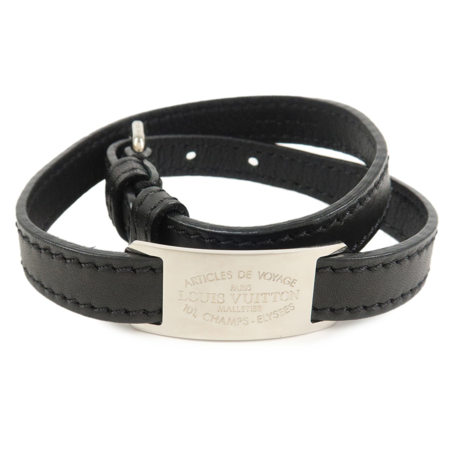 Louis Vuitton Leather Metal Double Tour Bracelet Black Silver