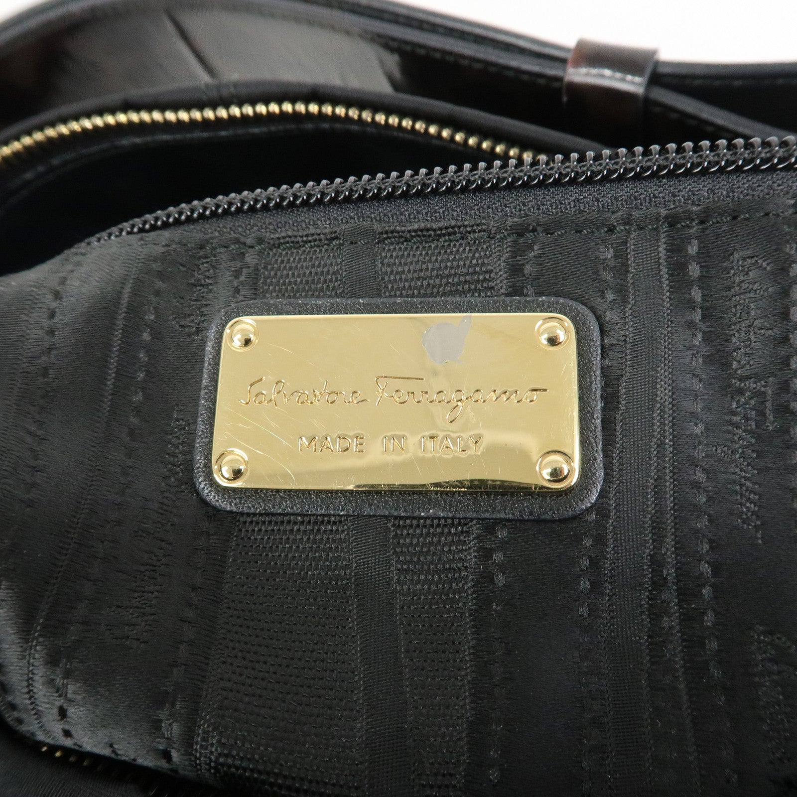 Ferragamo Nylon Patent Leather Shoulder Bag Hand Bag Leopard Black