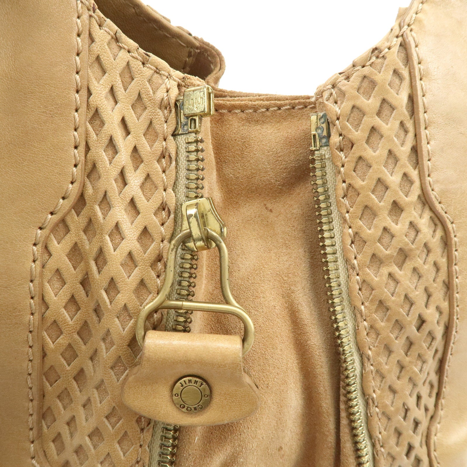 JIMMY CHOO Leather Shoulder Bag Hand Bag Beige Gold Hardware