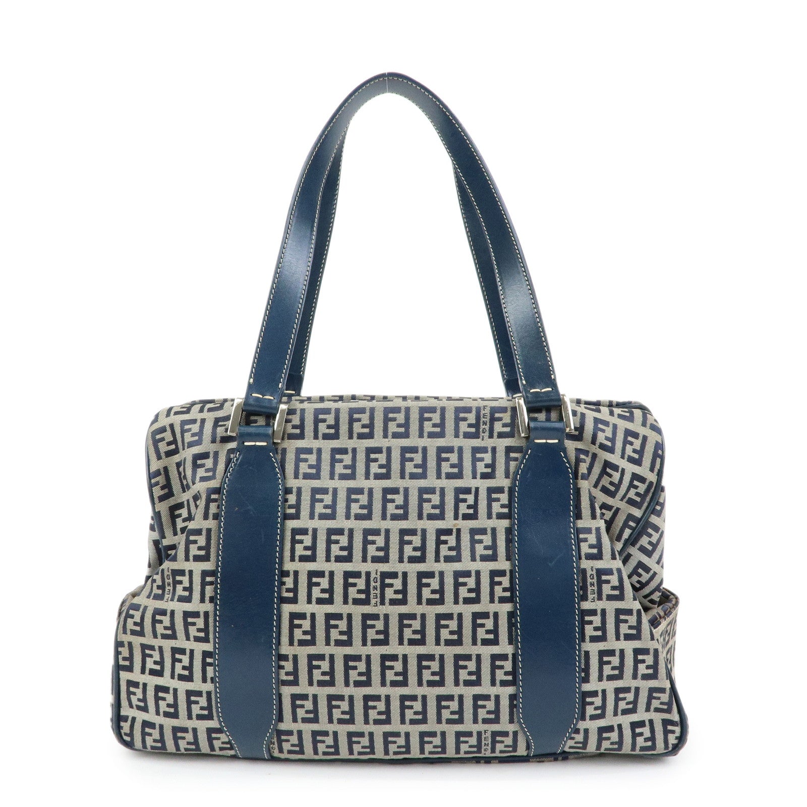 FENDI Zucchino Canvas Leather Tote Bag Shoulder Bag Boston Bag Navy