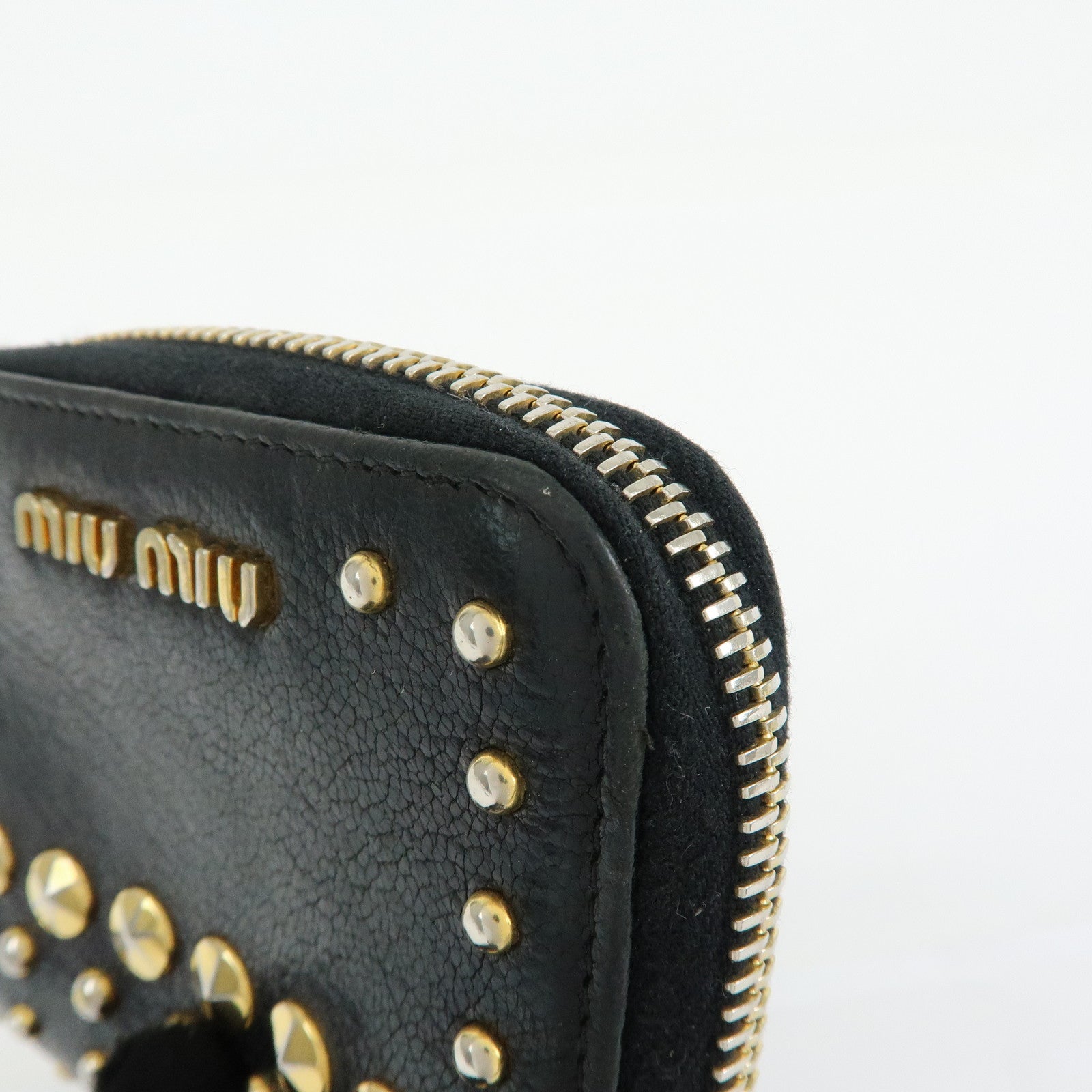 MIU MIU Madras Leather Studs Compact Coin Case Wallet Black