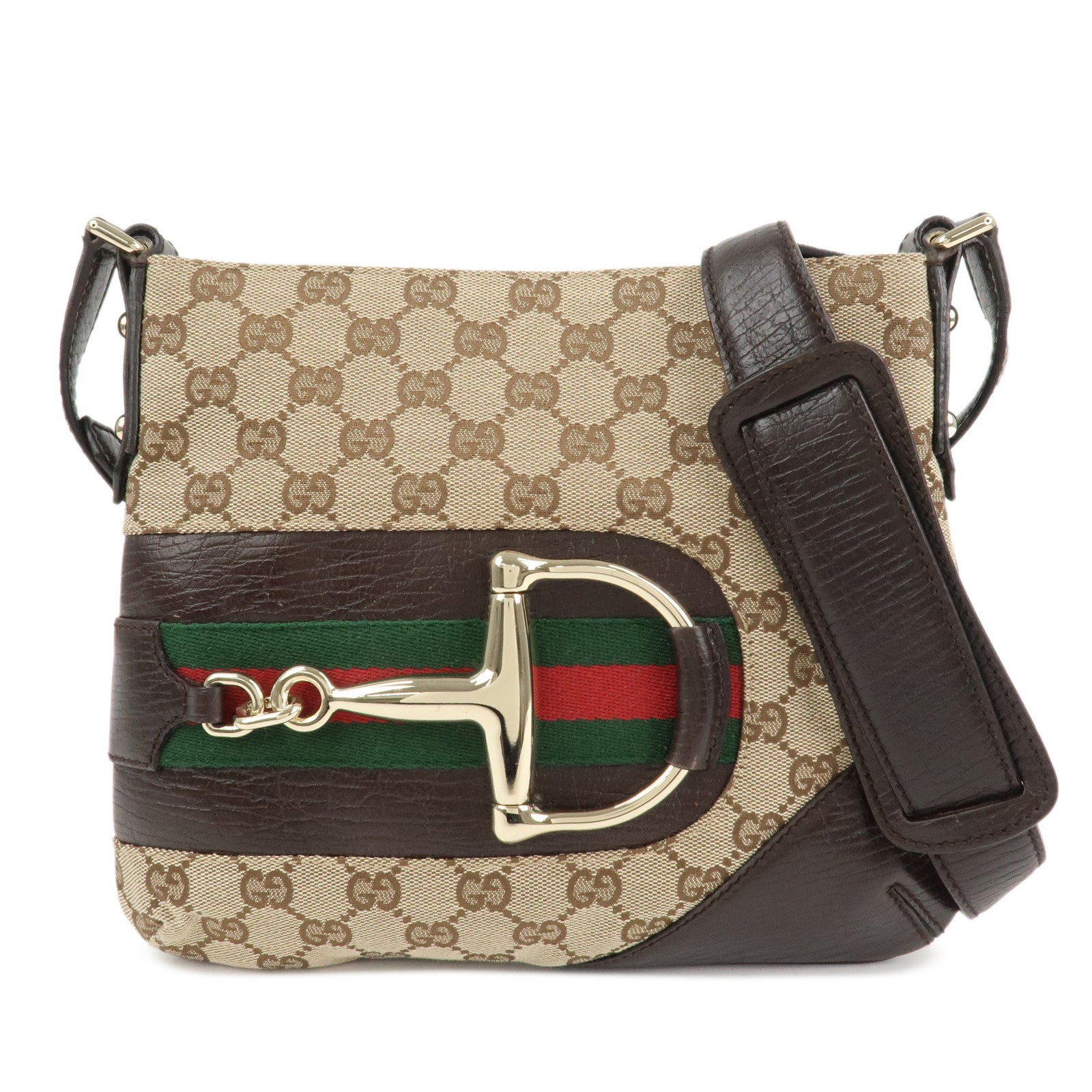 GUCCI Horsebit Sherry GG Canvas Leather Shoulder Bag Brown 17004