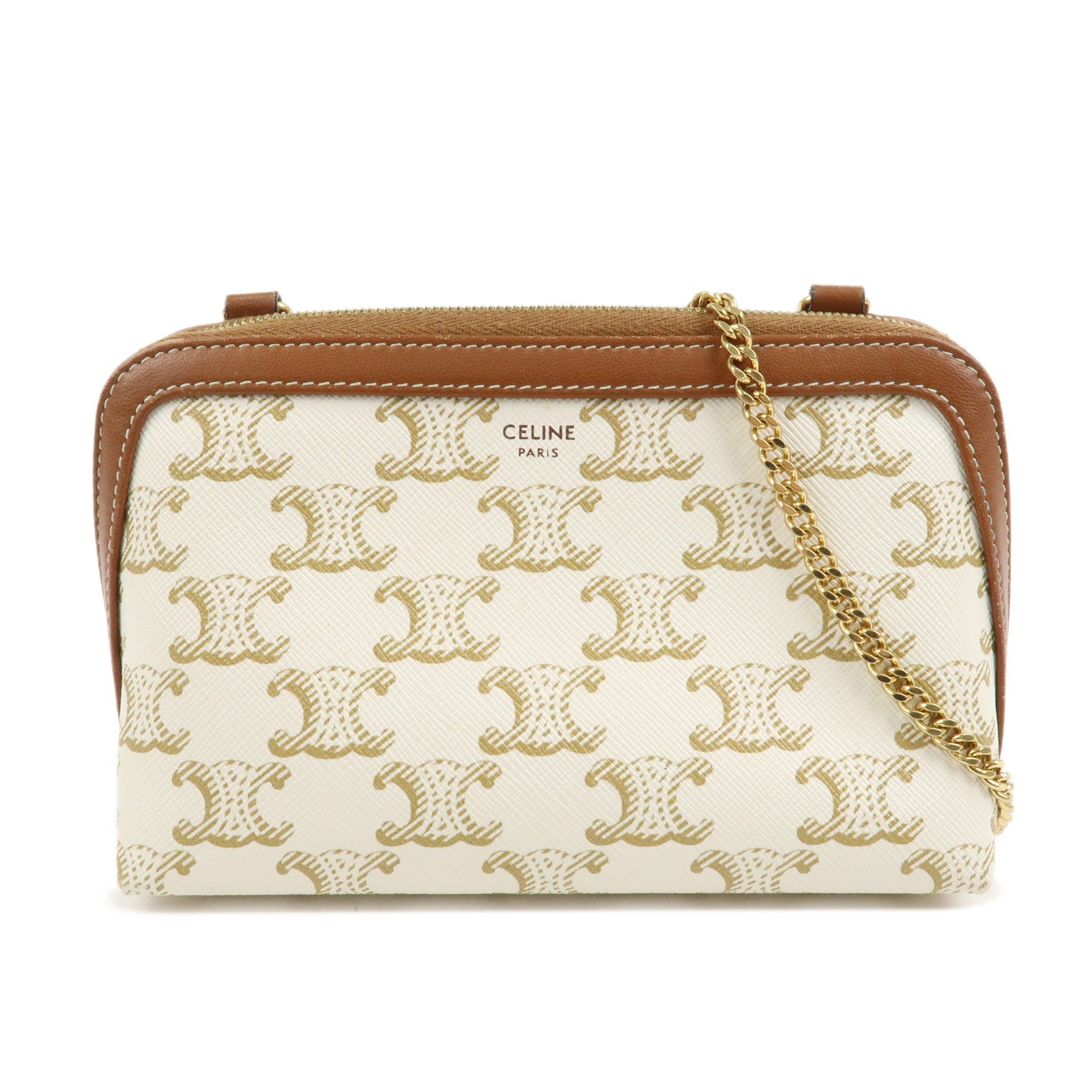 CELINE Triomphe Canvas Lamb Skin Chain Shoulder Bag Ivory Brown