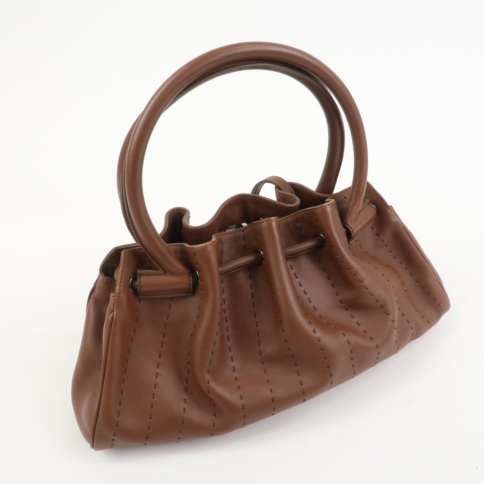Ferragamo Gancini Leather Stitch Shoulder Bag Hand Bag Brown