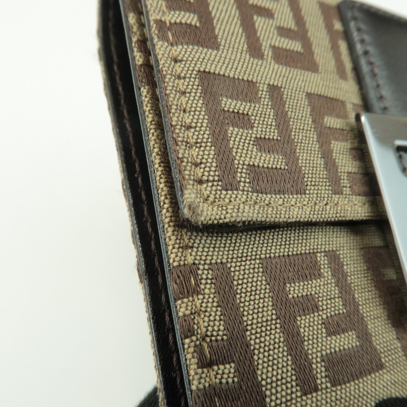 FENDI Zucchino Canvas Leather Tri-fold Wallet Beige Brown 8M0023 Used