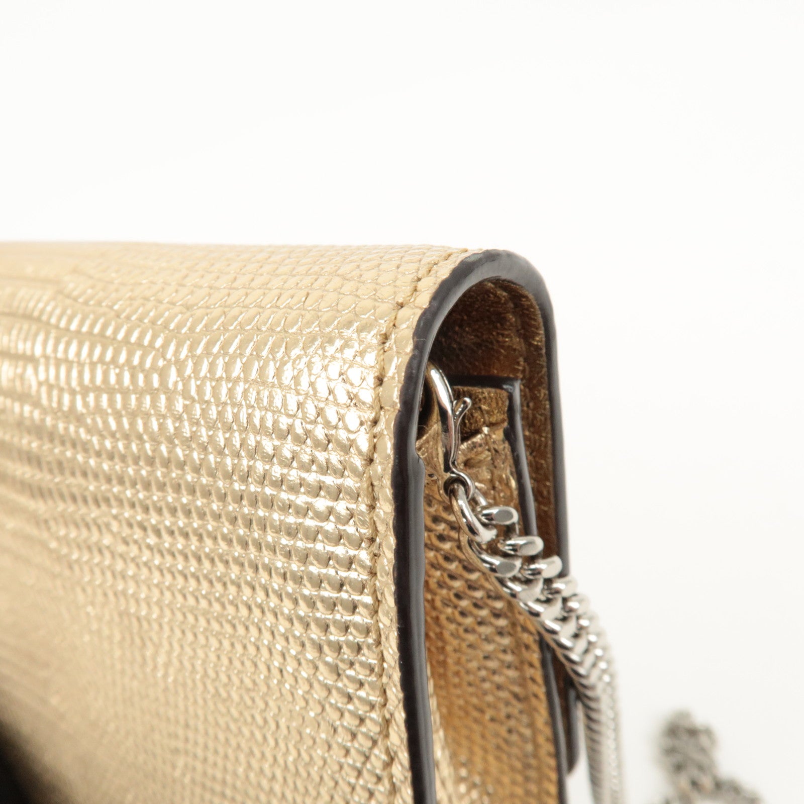 JIMMY CHOO Leather Rhine Stone Chain Wallet Gold Silver HDW Used