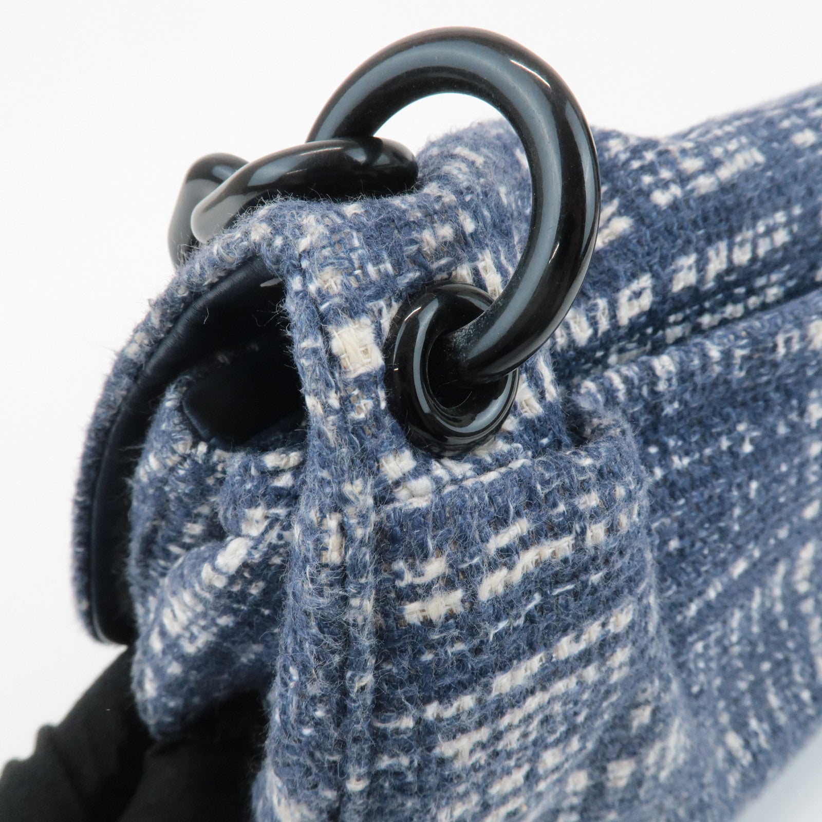 PRADA Tweed Leather Plastic Chain Shoulder Bag Navy White BR4874 Used