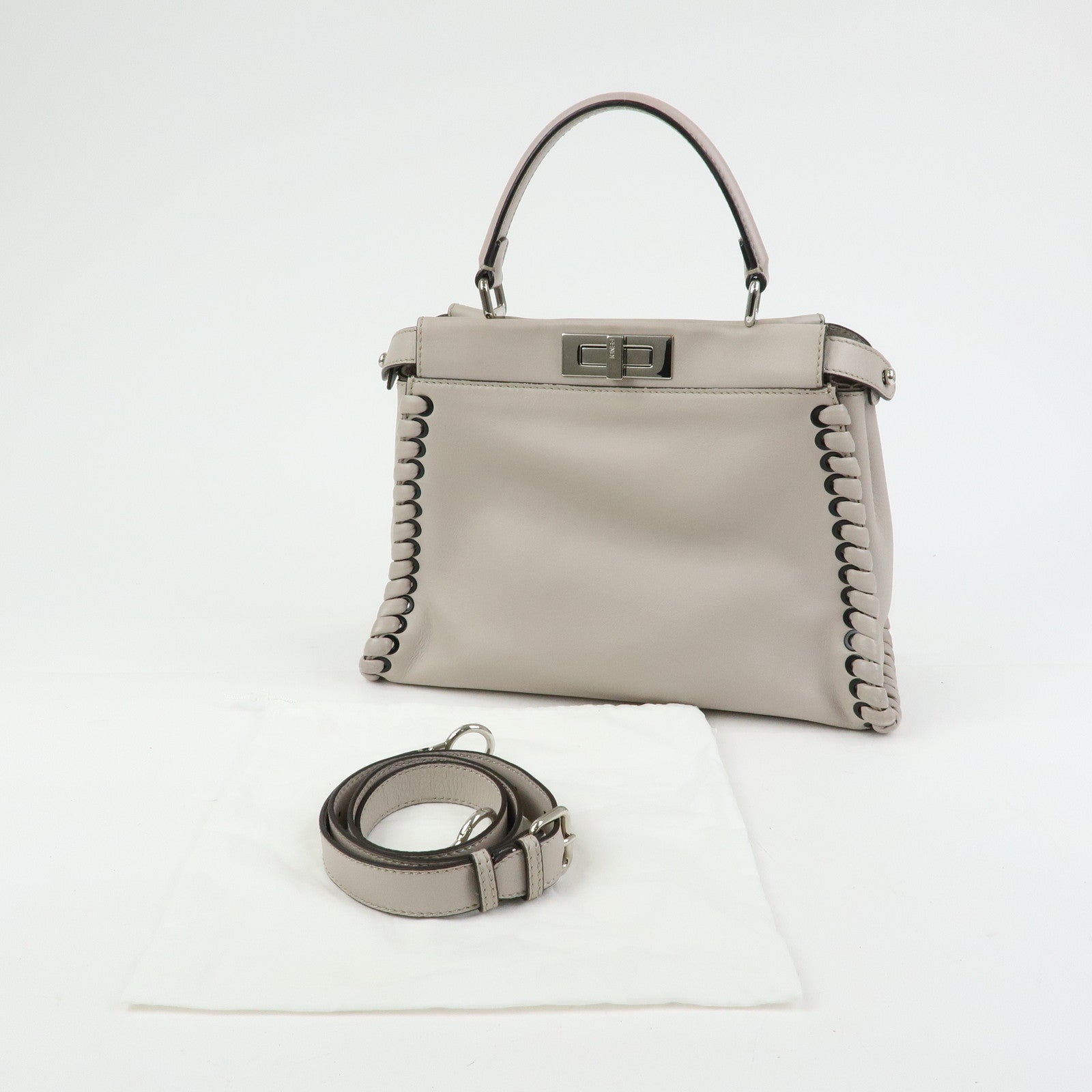 FENDI Peekaboo Leather 2Way Bag Hand Bag Shoulder Bag Gray 8BN290