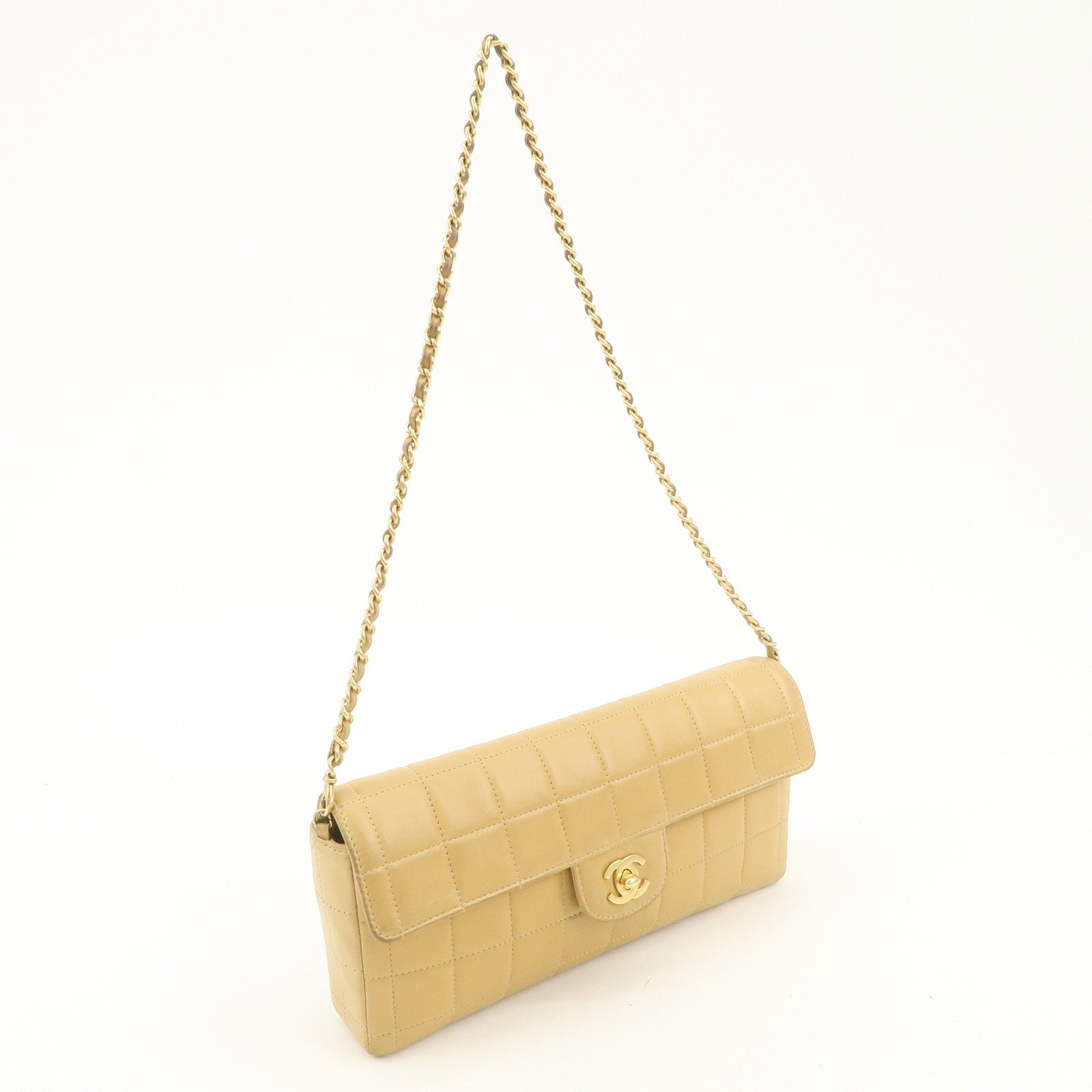 CHANEL Chocolate Bar Lamb Skin Chain Shoulder Bag Beige Gold Used