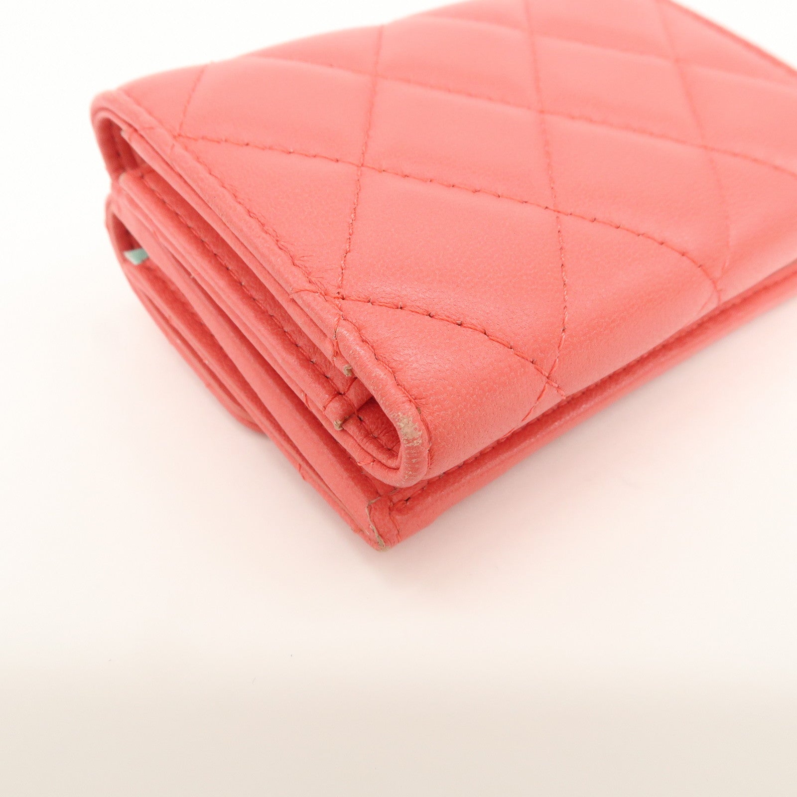 CHANEL Matelasse Lamb Skin Tri-fold Compact Wallet Coral AP0094