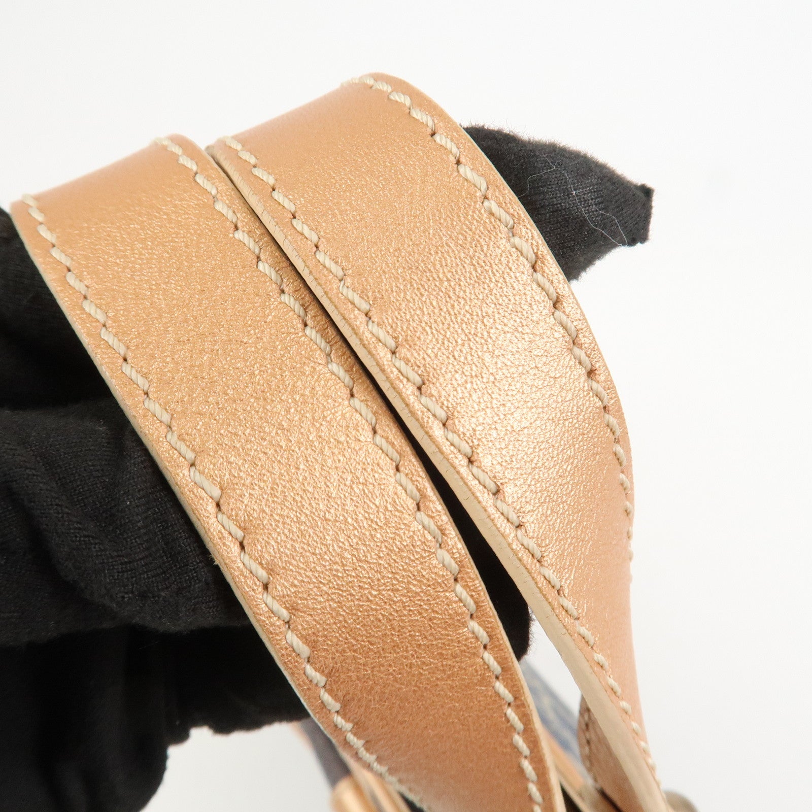 CELINE Macadam Denim Leather Glitter Hand Bag Metallic Pink Navy