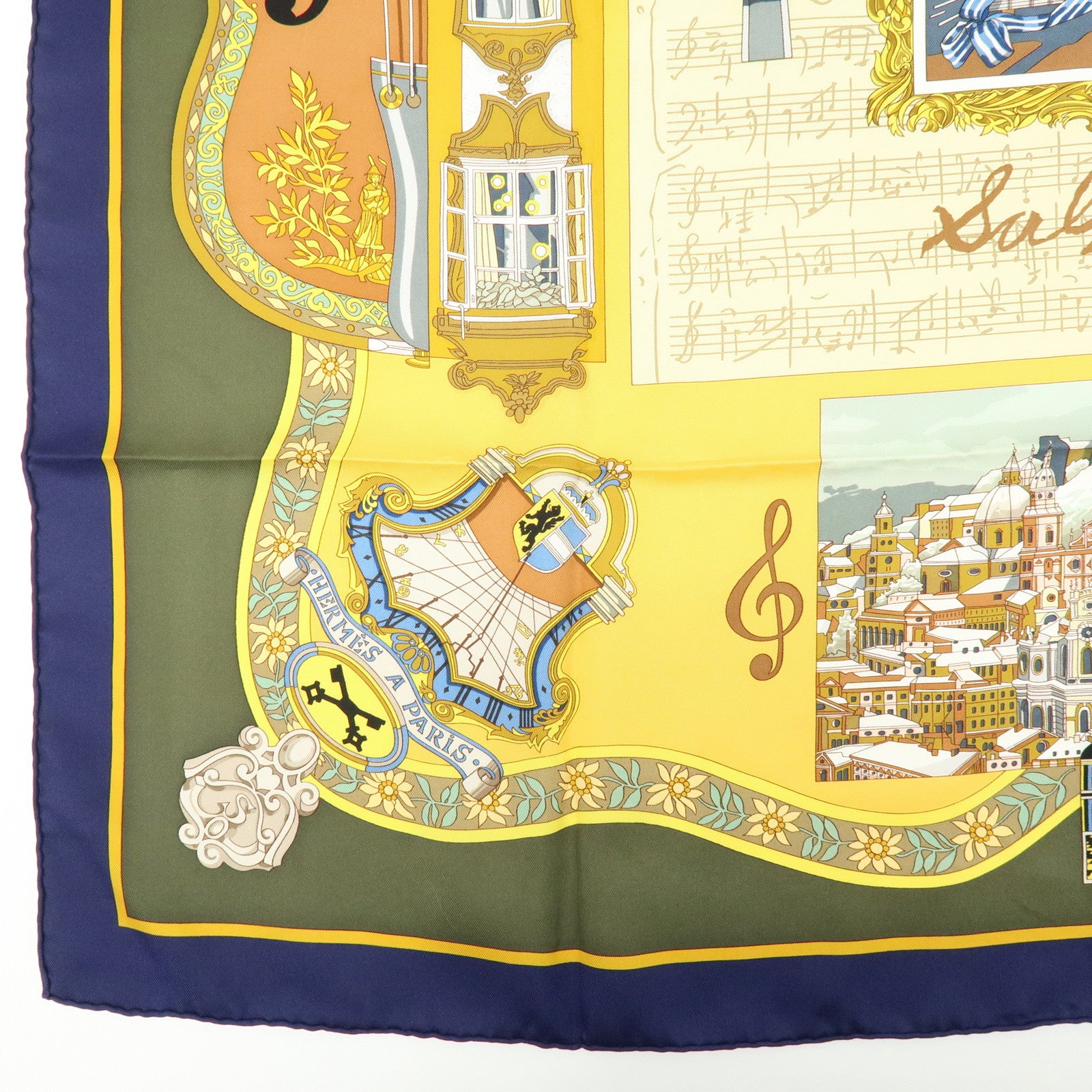 HERMES Carre 90 Silk 100% Scarf IN SALZBURG Beige Yellow Khaki
